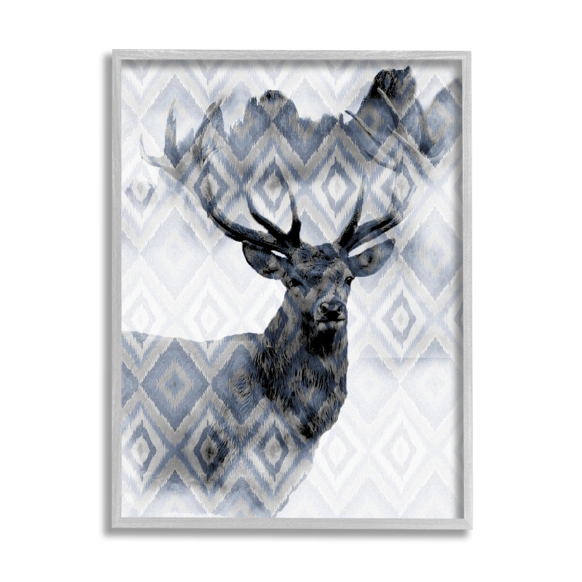 Stupell Indtries Large Antler Elk Portrait Rtic Blue Diamond Pattern,16 x 20,Design by Kim Allen