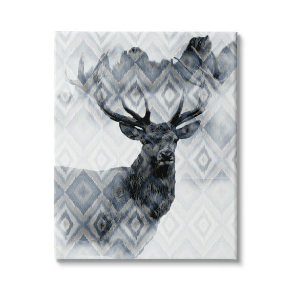 Stupell Indtries Large Antler Elk Portrait Rtic Blue Diamond Pattern,30 x 40,Design by Kim Allen