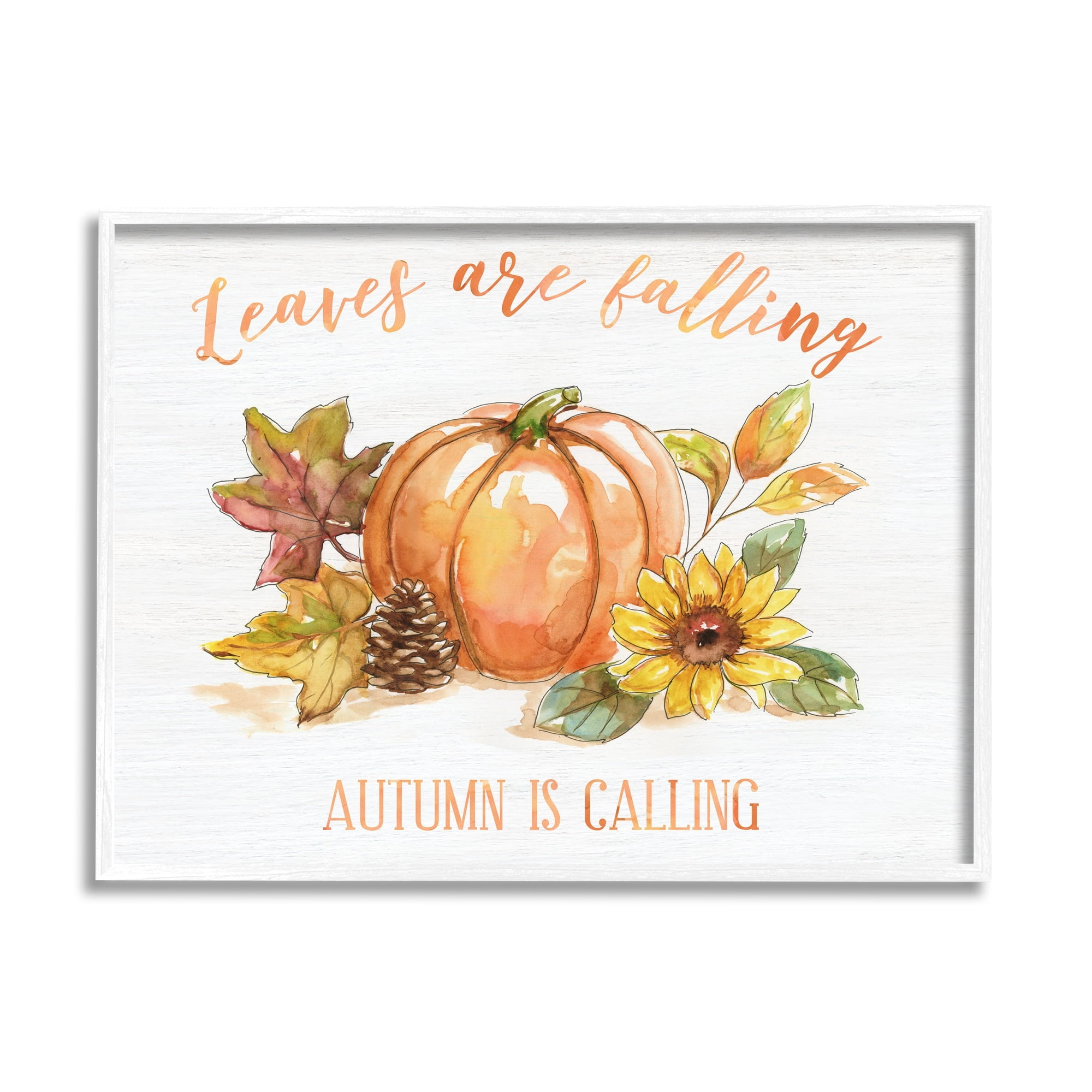 Stupell Indtries Leaves Falling Autumn Calling Sentiment Pumpkin Pinecone Sunflower,14 x 11,Design by Nan