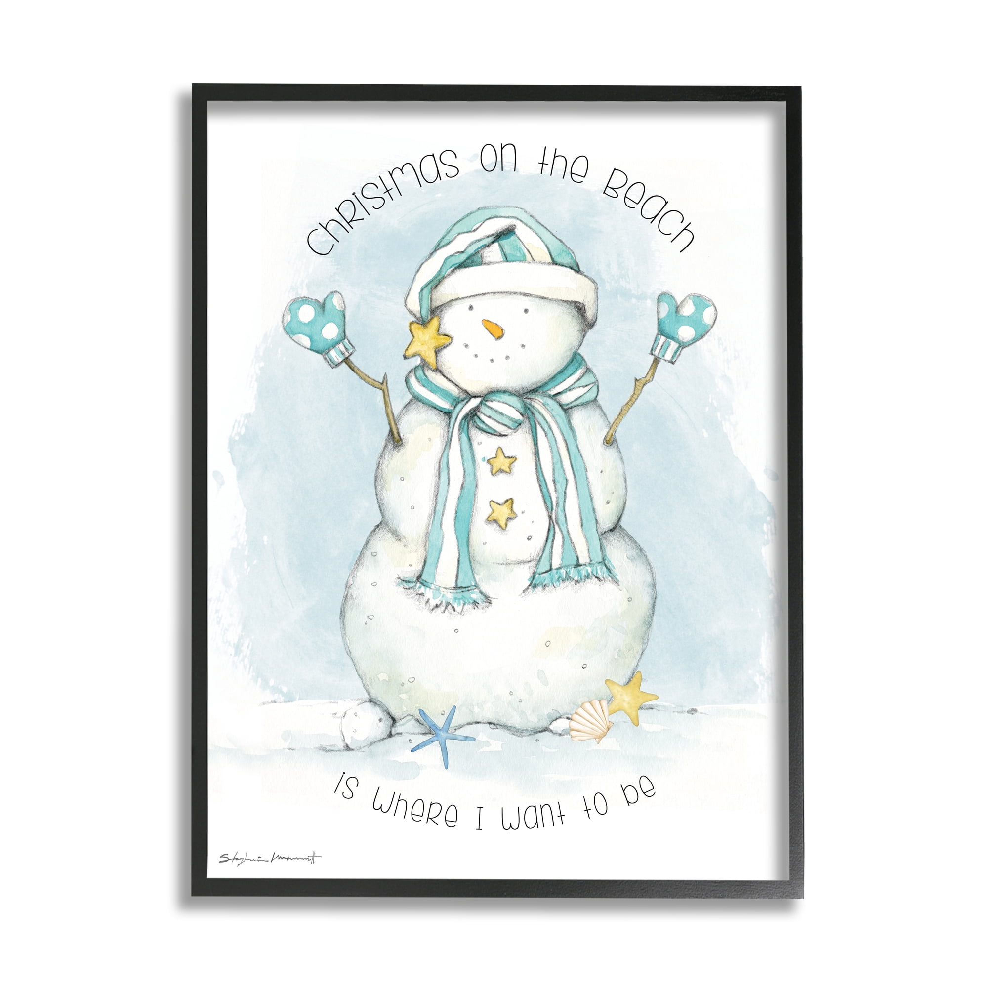 Stupell Industries Christmas On the Beach Sentiments Nautical Snowman Nature Painting Black Framed Art Print Wall Art, 16 x 20