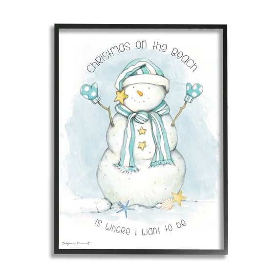 Stupell Industries Christmas On the Beach Sentiments Nautical Snowman Nature Painting Black Framed Art Print Wall Art, 16 x 20