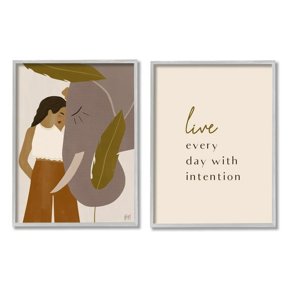 Stupell Indtries Live Everyday with Intention Woman Resting Against Elephant,24 x 30,Design by Birch&Ink