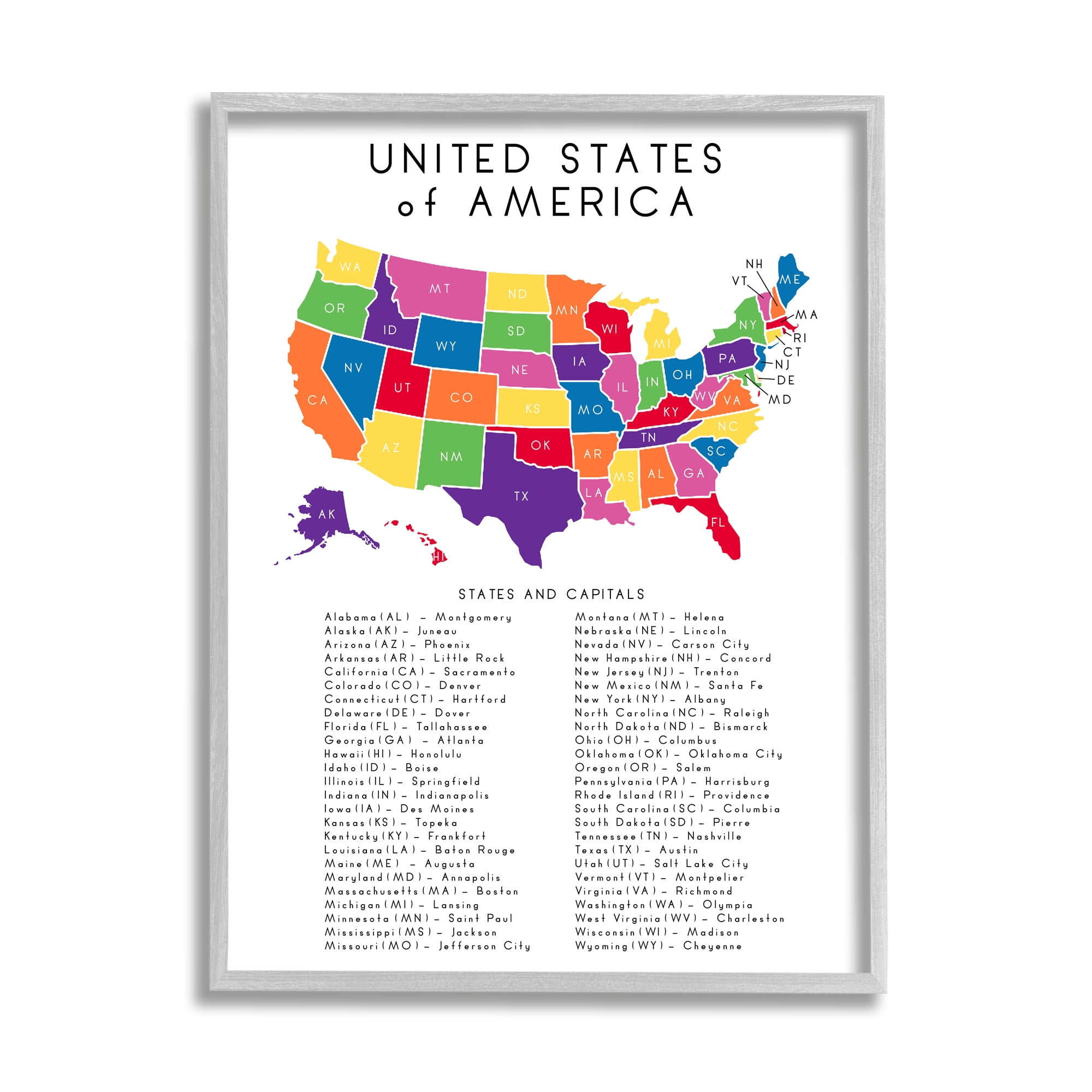 Stupell Indtries Map State Abbreviations and Capitals Playful Tones,11 x 14,Design by Anna Quach