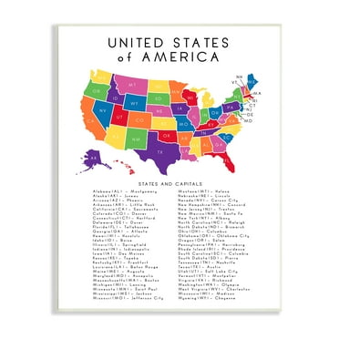 Stupell Indtries Map State Abbreviations and Capitals Playful Tones,13 x 19,Design by Anna Quach