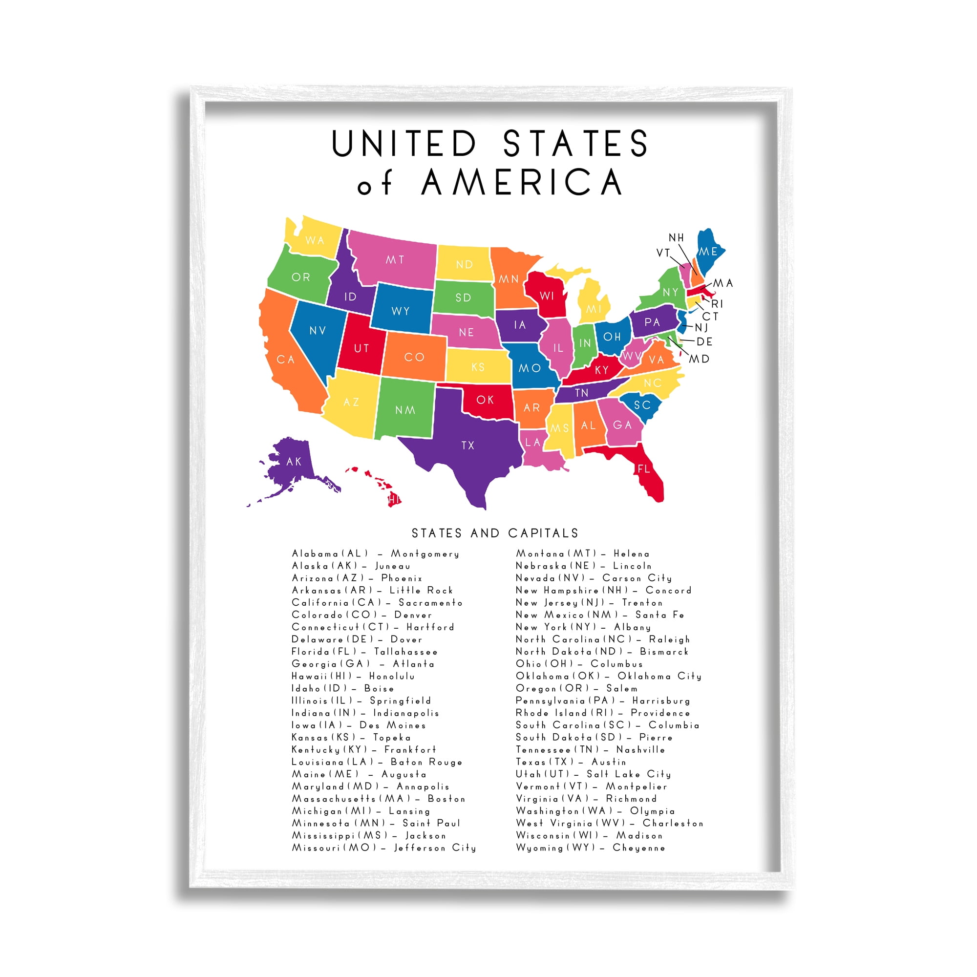Stupell Indtries Map State Abbreviations and Capitals Playful Tones,16 x 20,Design by Anna Quach
