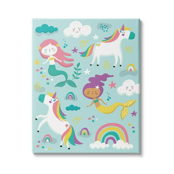 Stupell Indtries Mermaid and Unicorn Rainbow Collage Kids' Fantasy Illtration,24 x 30,Design by Andrea Jasid Grassi