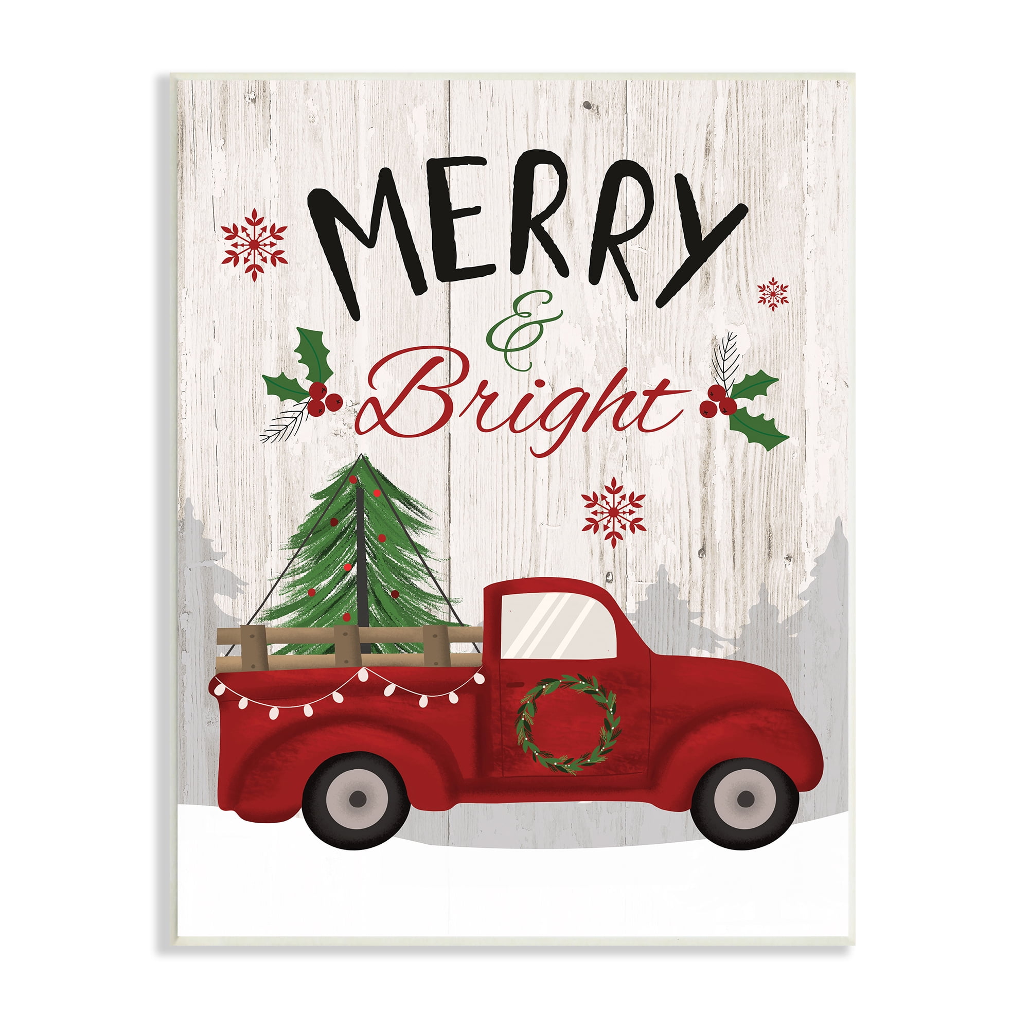 Stupell Indtries Merry & Bright Phrase Red Truck Holiday Forest,10 x 15,Design by Louise Allen Designs