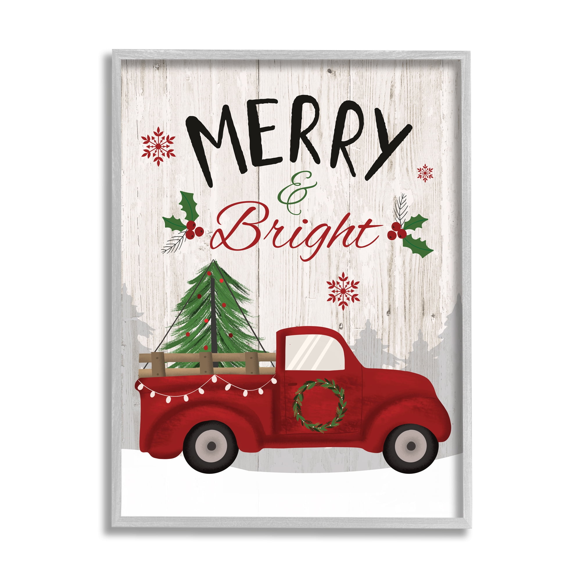 Stupell Indtries Merry & Bright Phrase Red Truck Holiday Forest,11 x 14,Design by Louise Allen Designs