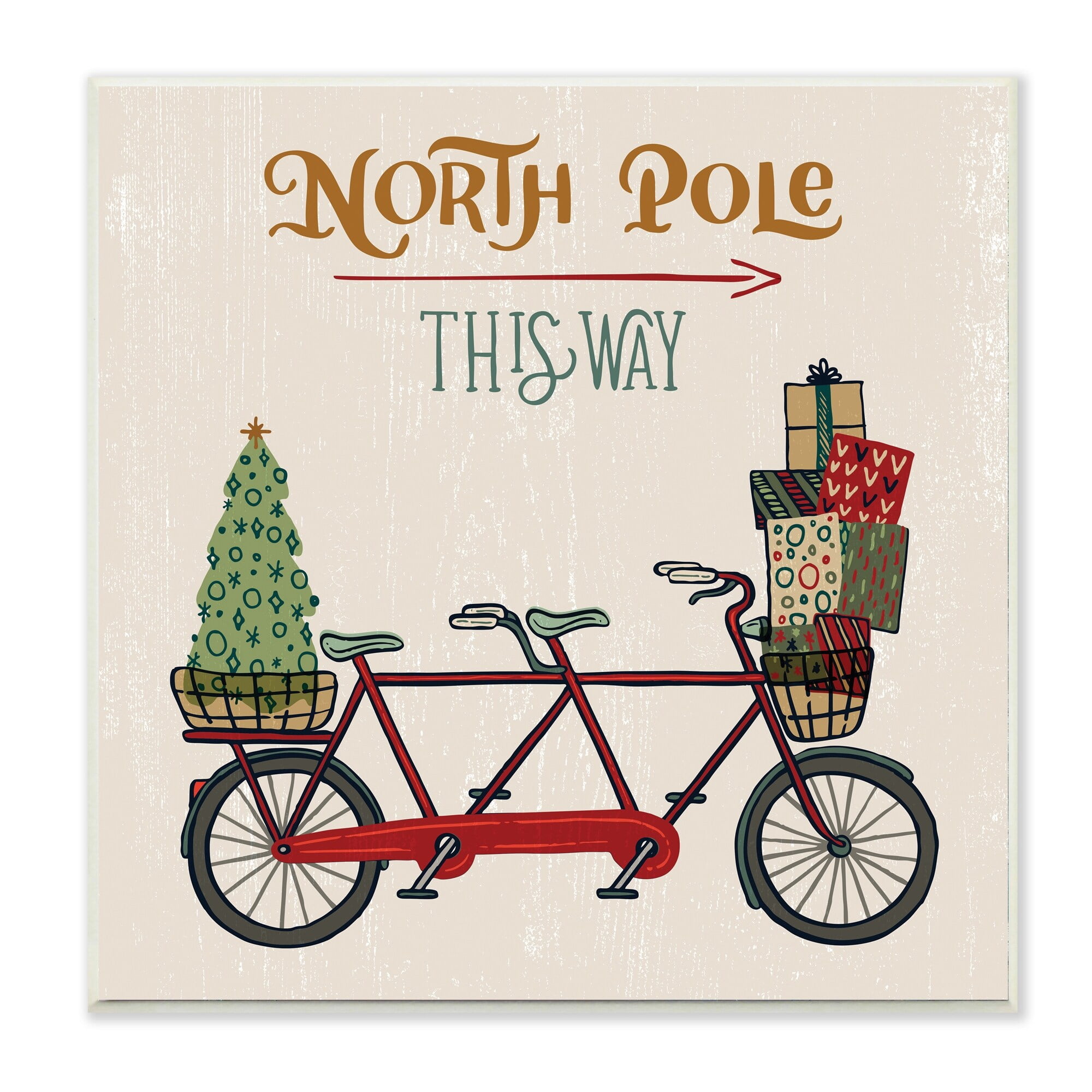 Stupell Industries North Pole Directional Red Christmas Tandem Bicycle Transportation Painting Unframed Art Print Wall Art, 12 x 12
