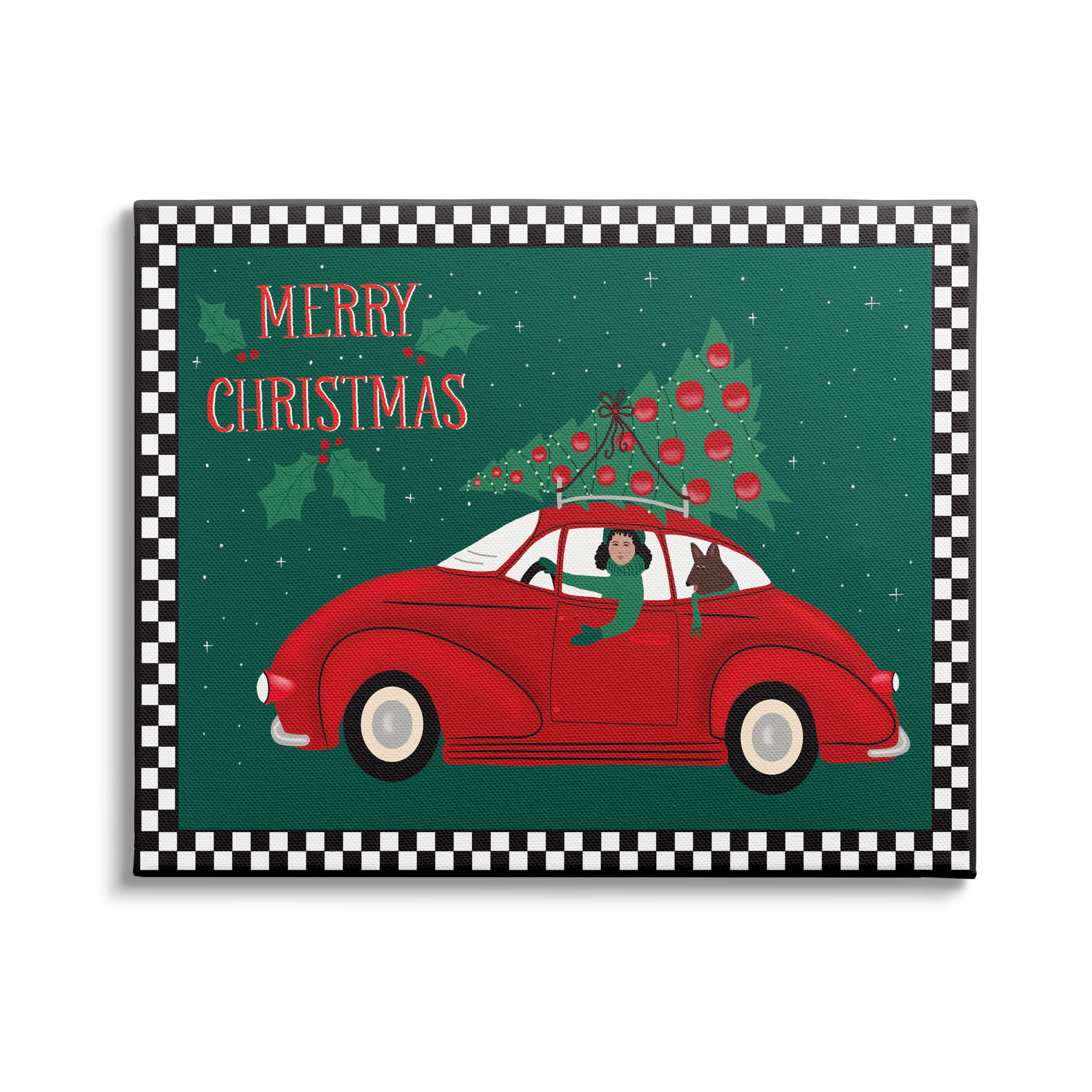 Stupell Indtries Merry Christmas Greeting Woman Sports Car Christmas Tree,20 x 16,Design by Darlene Seale