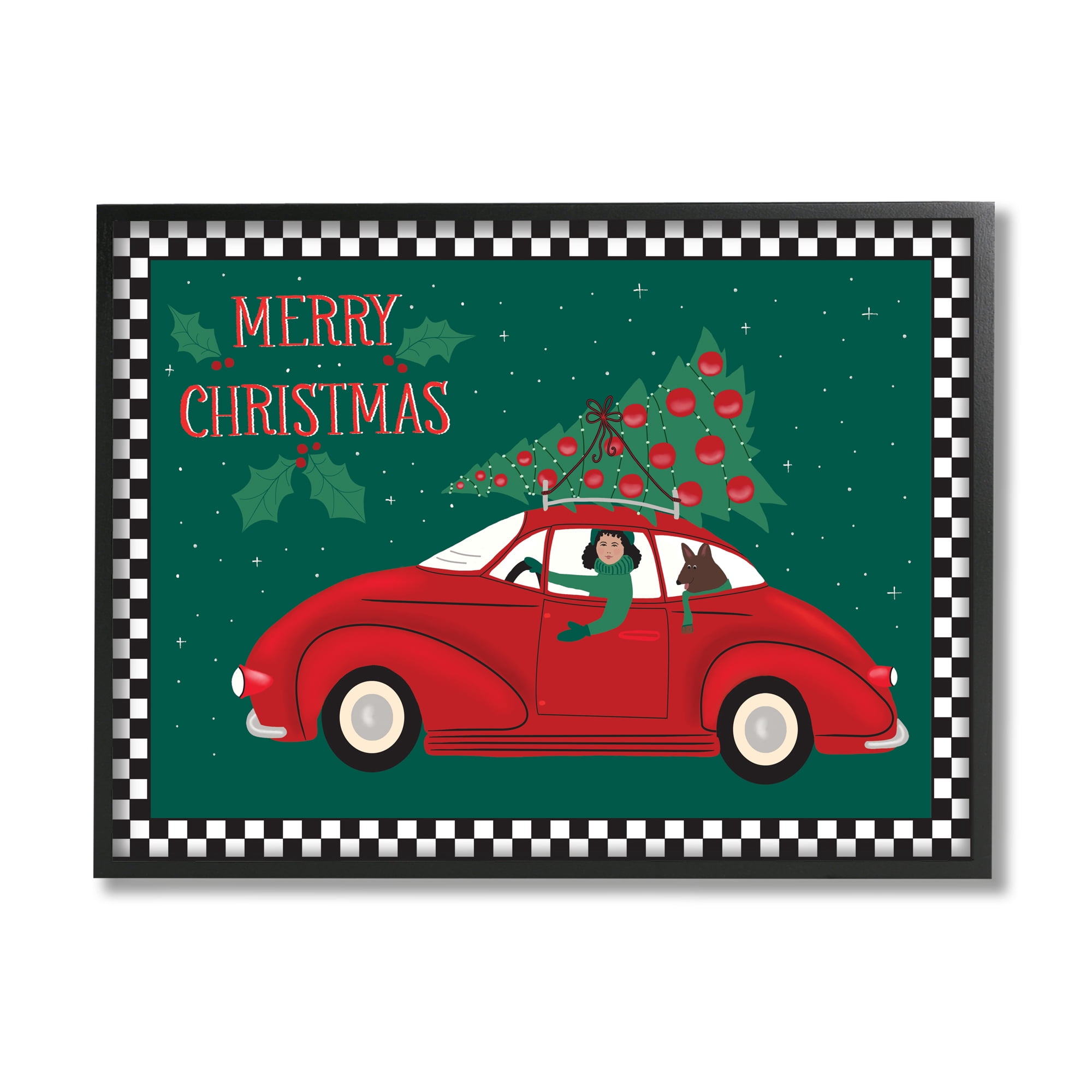 Stupell Indtries Merry Christmas Greeting Woman Sports Car Christmas Tree,20 x 16,Design by Darlene Seale
