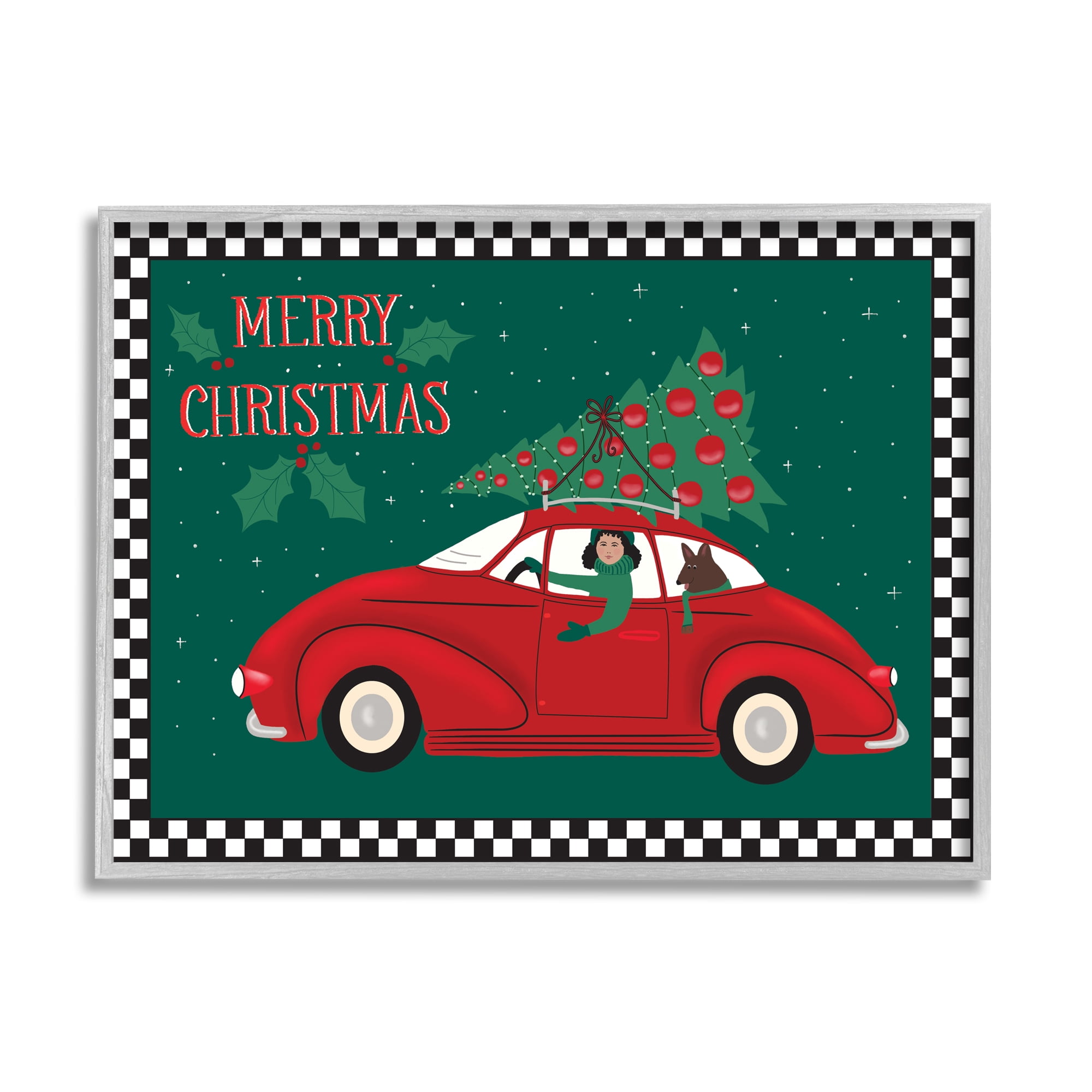 Stupell Indtries Merry Christmas Greeting Woman Sports Car Christmas Tree,30 x 24,Design by Darlene Seale