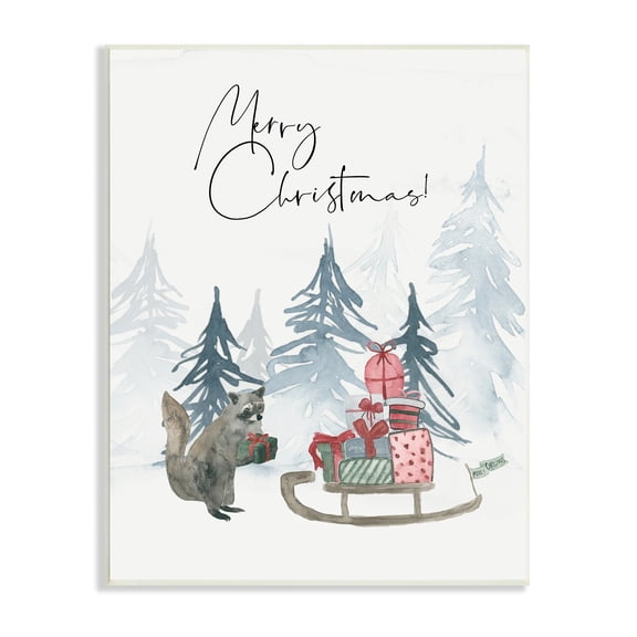 Stupell Indtries Merry Christmas Phrase Adorable Racoon Forest Present Sleigh,10 x 15,Design by Lucille Price
