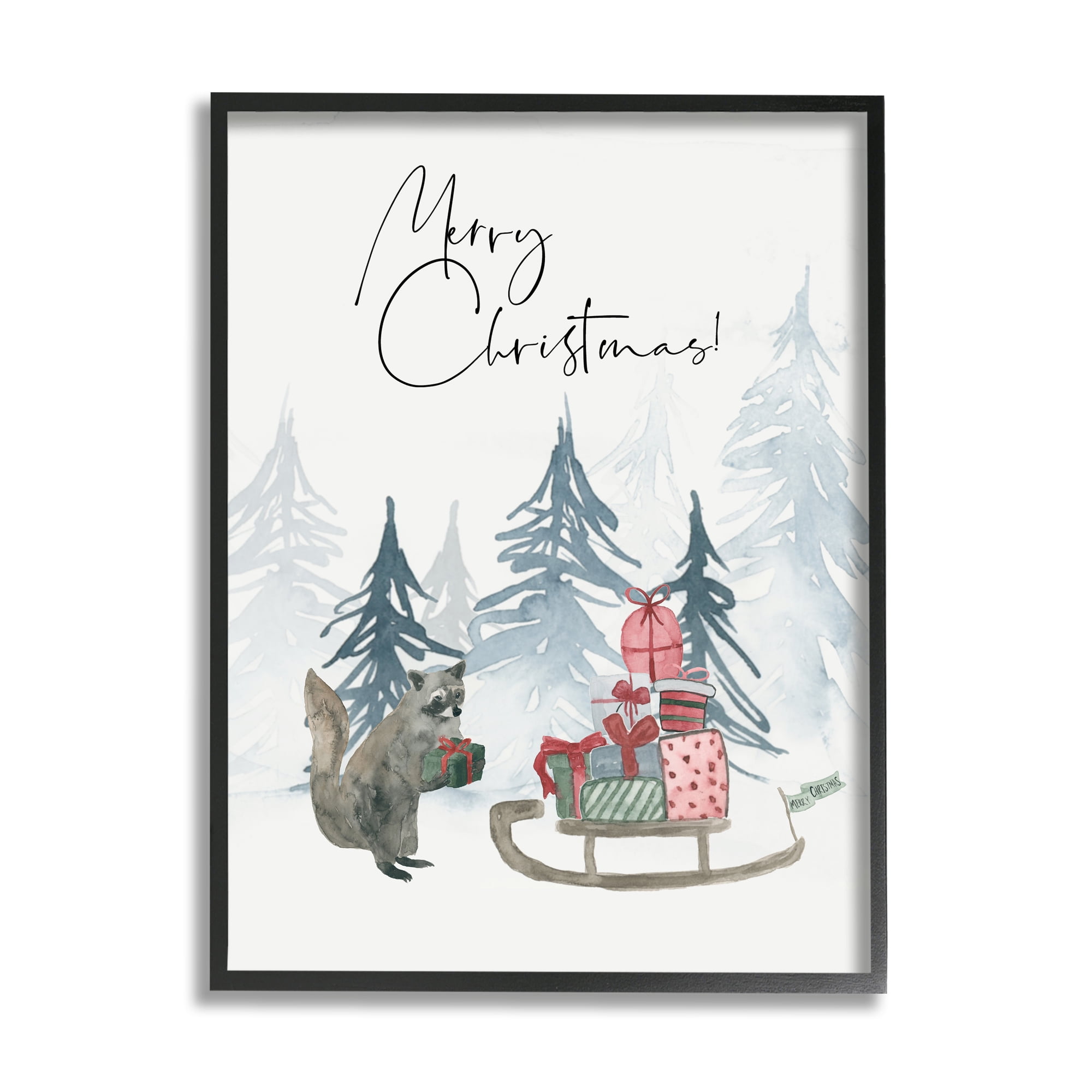 Stupell Indtries Merry Christmas Phrase Adorable Racoon Forest Present Sleigh,11 x 14,Design by Lucille Price