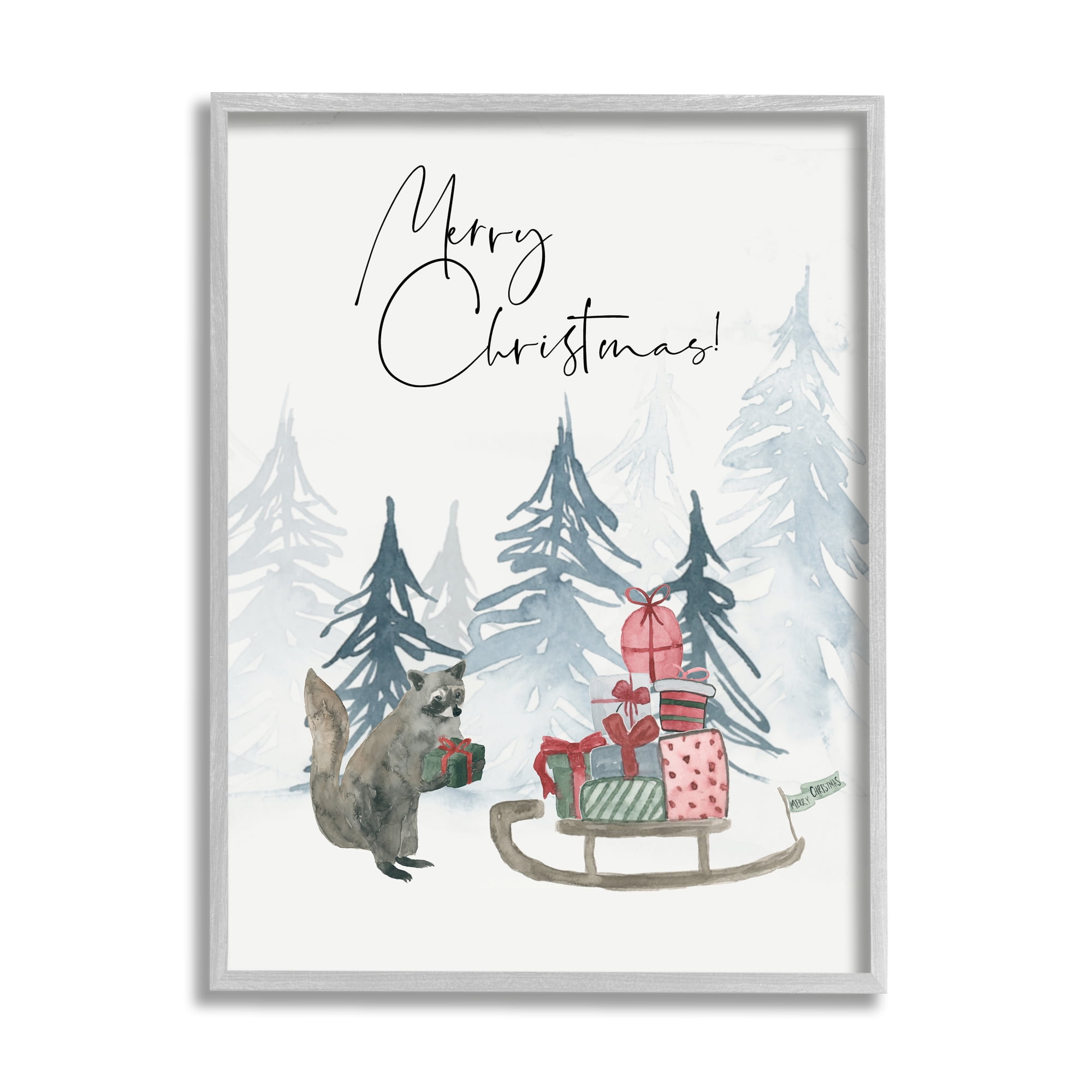 Stupell Indtries Merry Christmas Phrase Adorable Racoon Forest Present Sleigh,24 x 30,Design by Lucille Price