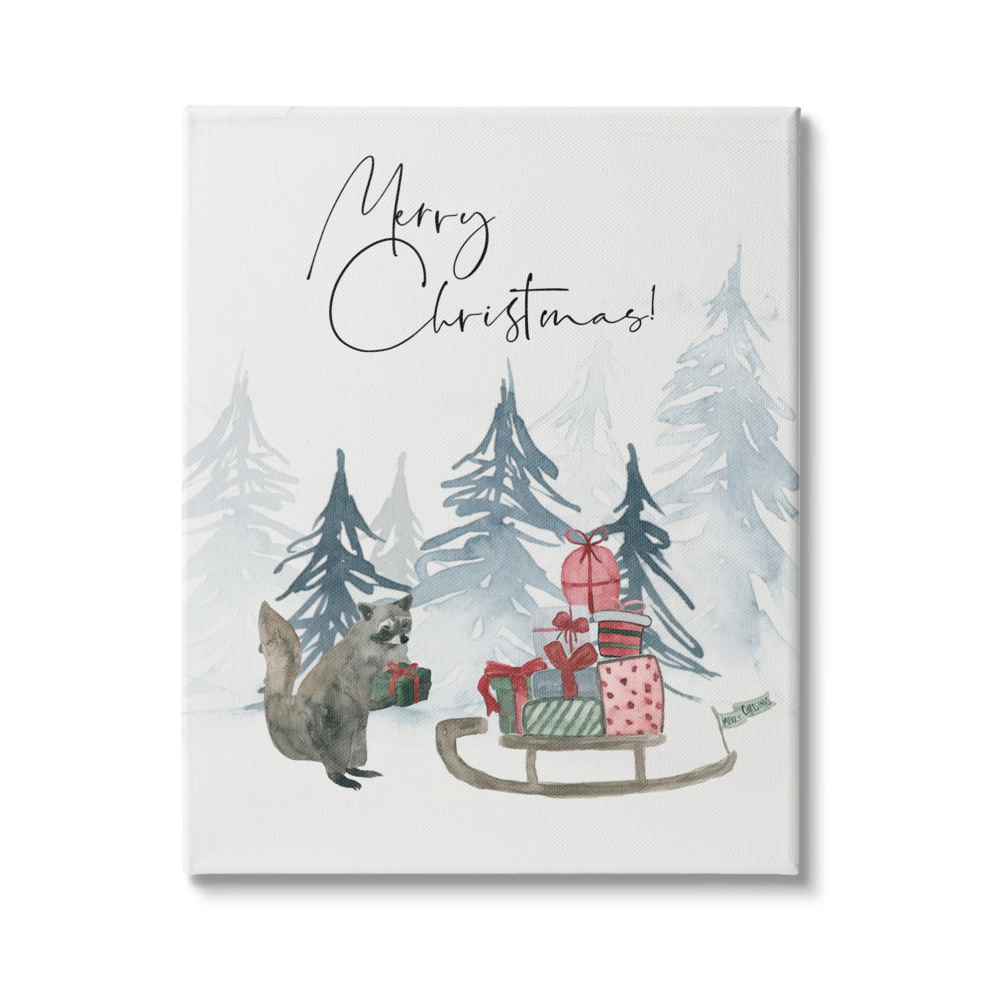 Stupell Indtries Merry Christmas Phrase Adorable Racoon Forest Present Sleigh,36 x 48,Design by Lucille Price