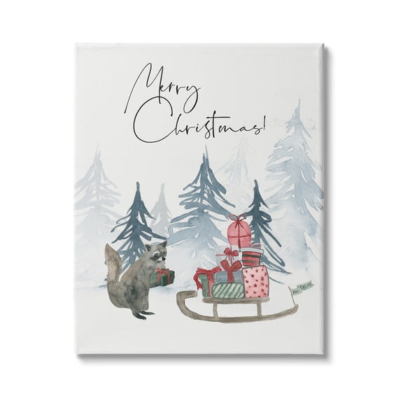 Stupell Indtries Merry Christmas Phrase Adorable Racoon Forest Present Sleigh,36 x 48,Design by Lucille Price