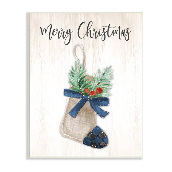 Stupell Indtries Merry Christmas Phrase Rtic Blue Plaid Holiday Stocking,10 x 15,Design by Lanie Loreth