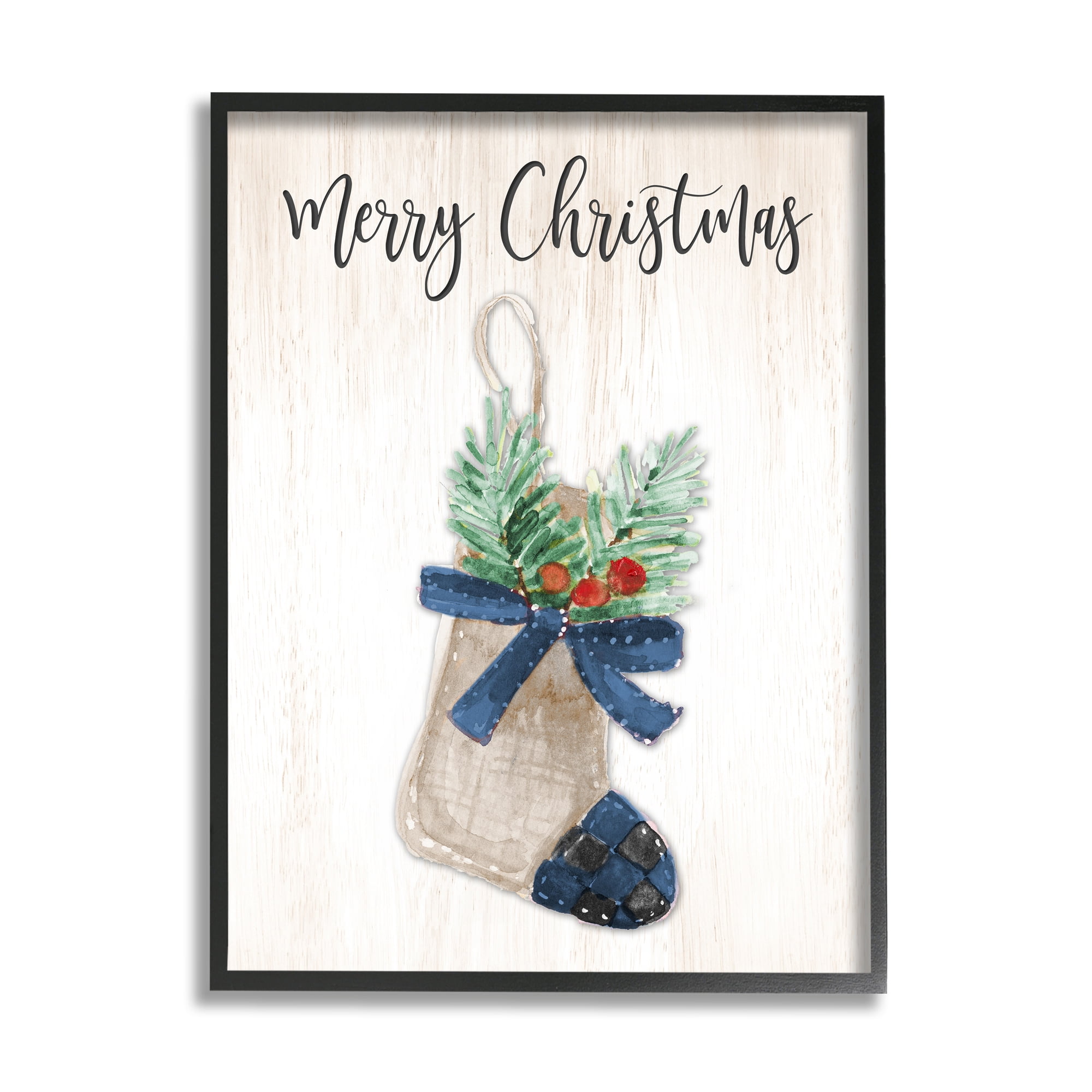 Stupell Indtries Merry Christmas Phrase Rtic Blue Plaid Holiday Stocking,16 x 20,Design by Lanie Loreth