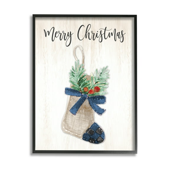 Stupell Indtries Merry Christmas Phrase Rtic Blue Plaid Holiday Stocking,24 x 30,Design by Lanie Loreth