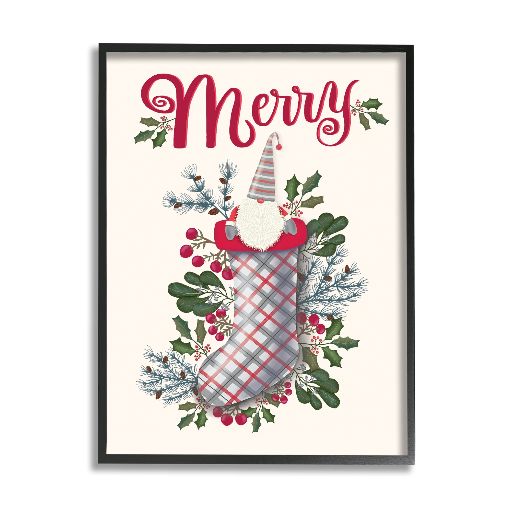 Stupell Indtries Merry Sentiment Christmas Gnome in Plaid Holly Stocking,11 x 14,Design by Darlene Seale