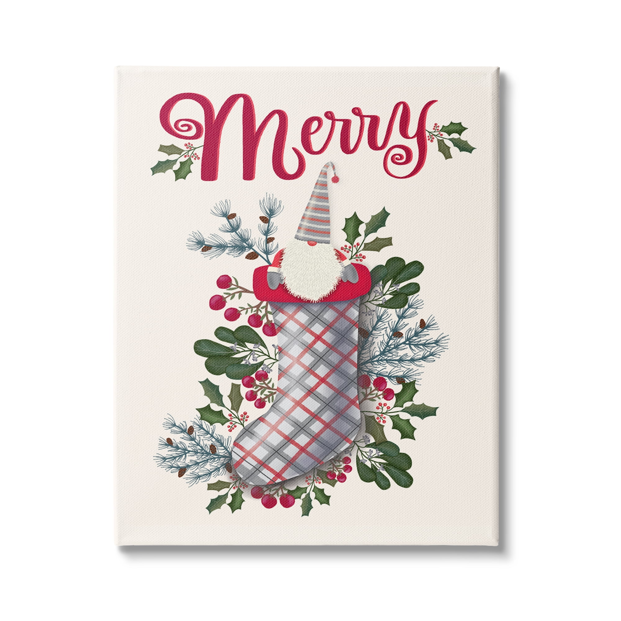 Stupell Indtries Merry Sentiment Christmas Gnome in Plaid Holly Stocking,16 x 20,Design by Darlene Seale
