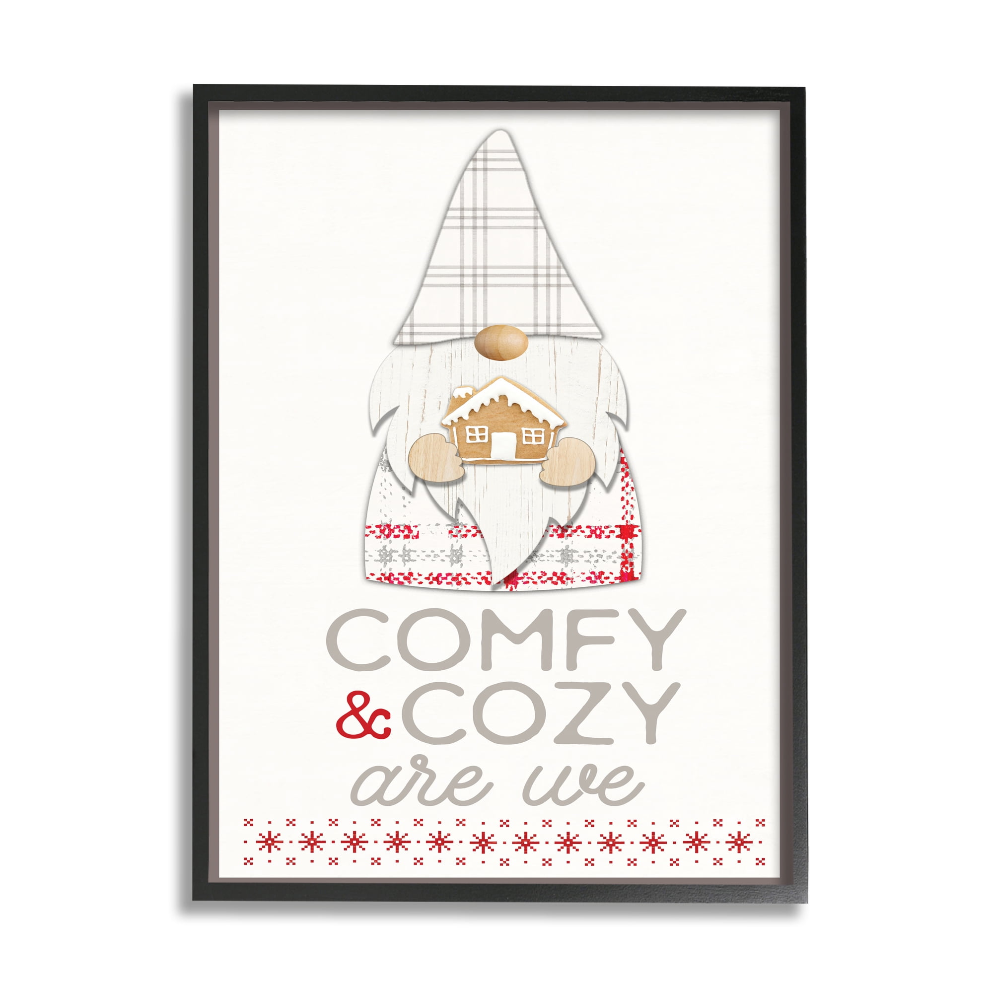 Stupell Industries Comfy and Cozy Phrase Red Plaid Christmas Gnome Fairy Tales & Fantasy Painting Black Framed Art Print Wall Art, 11 x 14