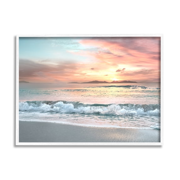 Stupell Indtries Morning Sunrise Beach Landscape Distant Mountains Rolling Tide,14 x 11,Design by Mike Calascibetta