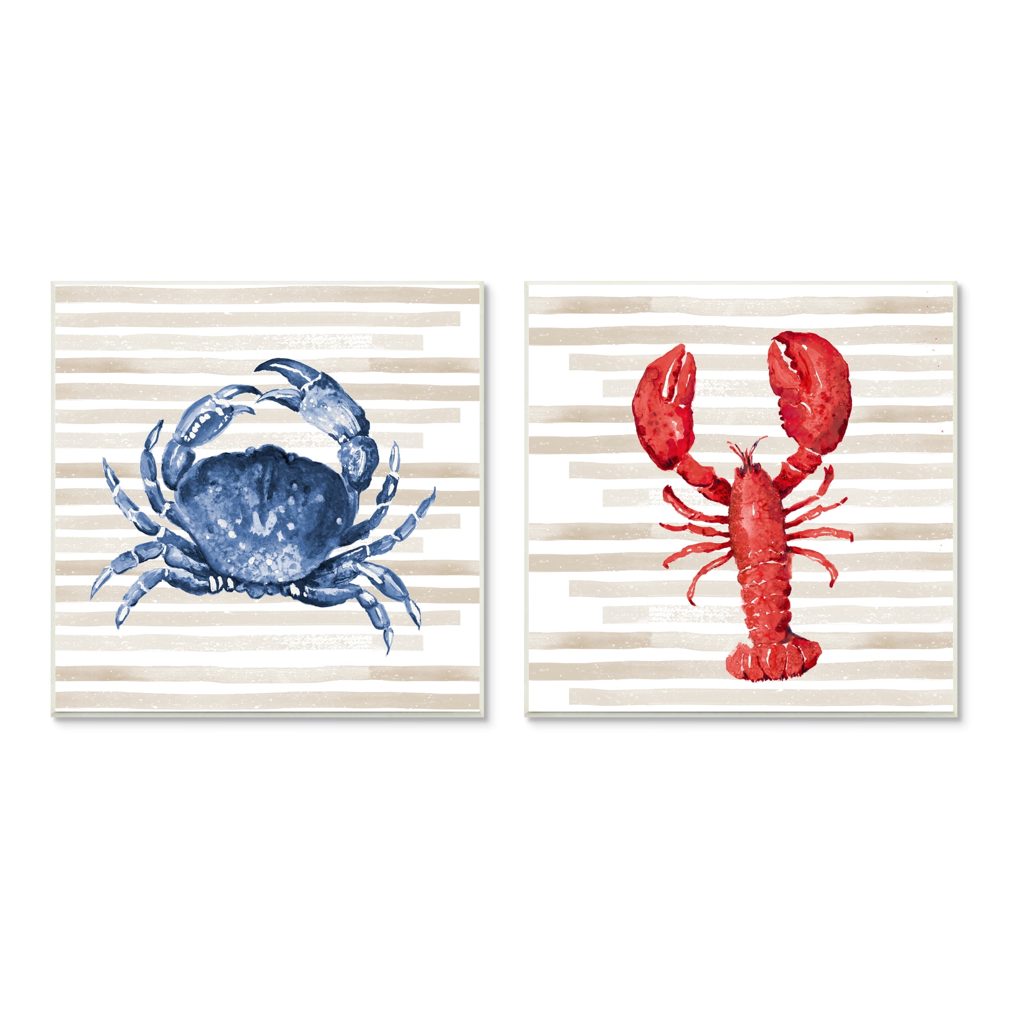 Stupell Indtries Nautical Blue Crab and Red Lobster Beige Stripes,12 x 12,Design by Patricia Pinto