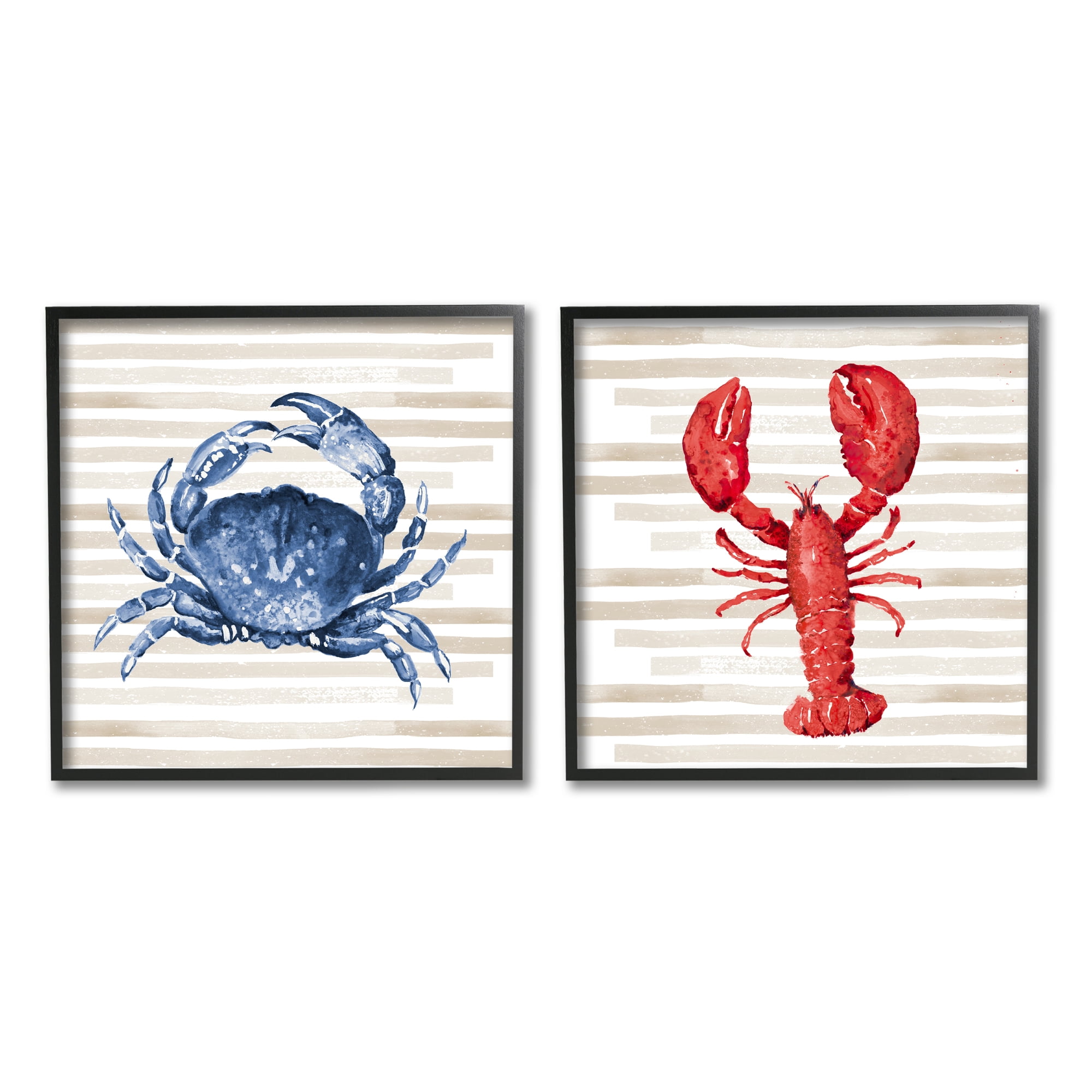 Stupell Indtries Nautical Blue Crab and Red Lobster Beige Stripes,12 x 12,Design by Patricia Pinto