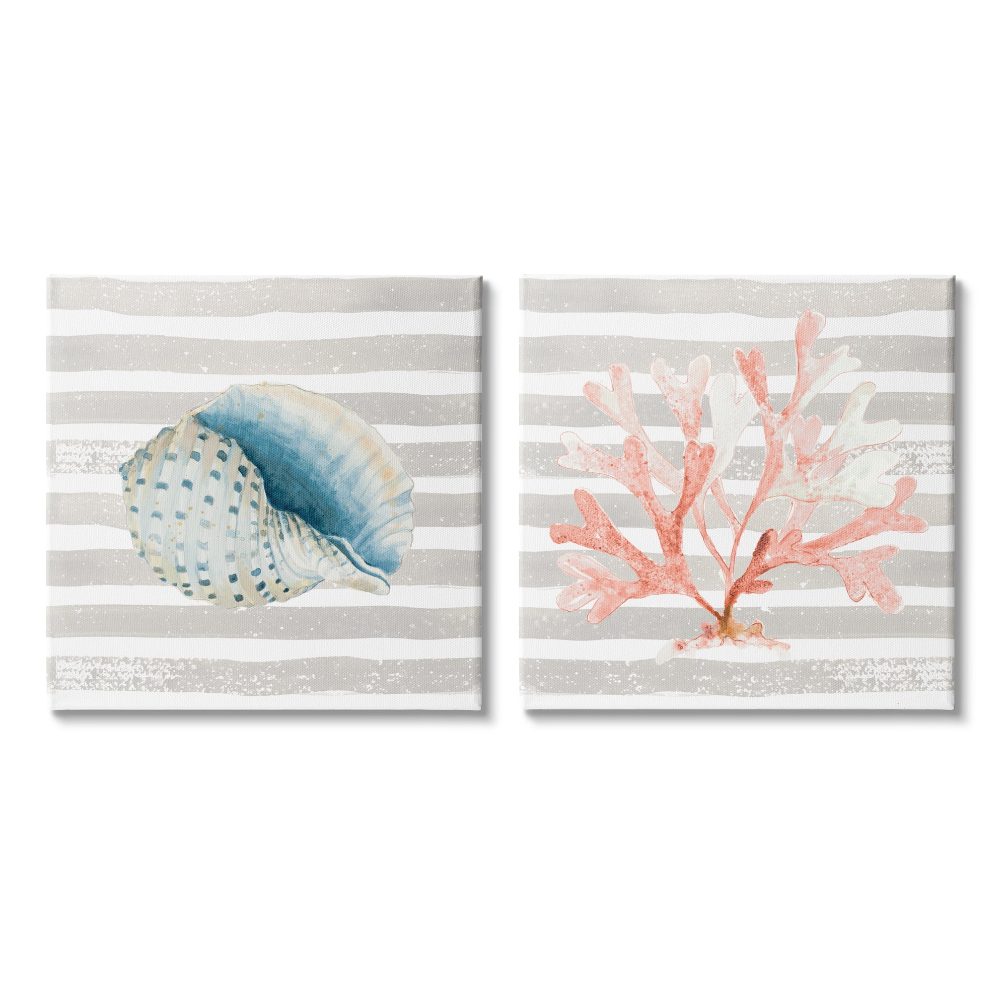 Stupell Indtries Nautical Curved Shell Pink Coral Distressed Beige Stripes,17 x 17,Design by Patricia Pinto