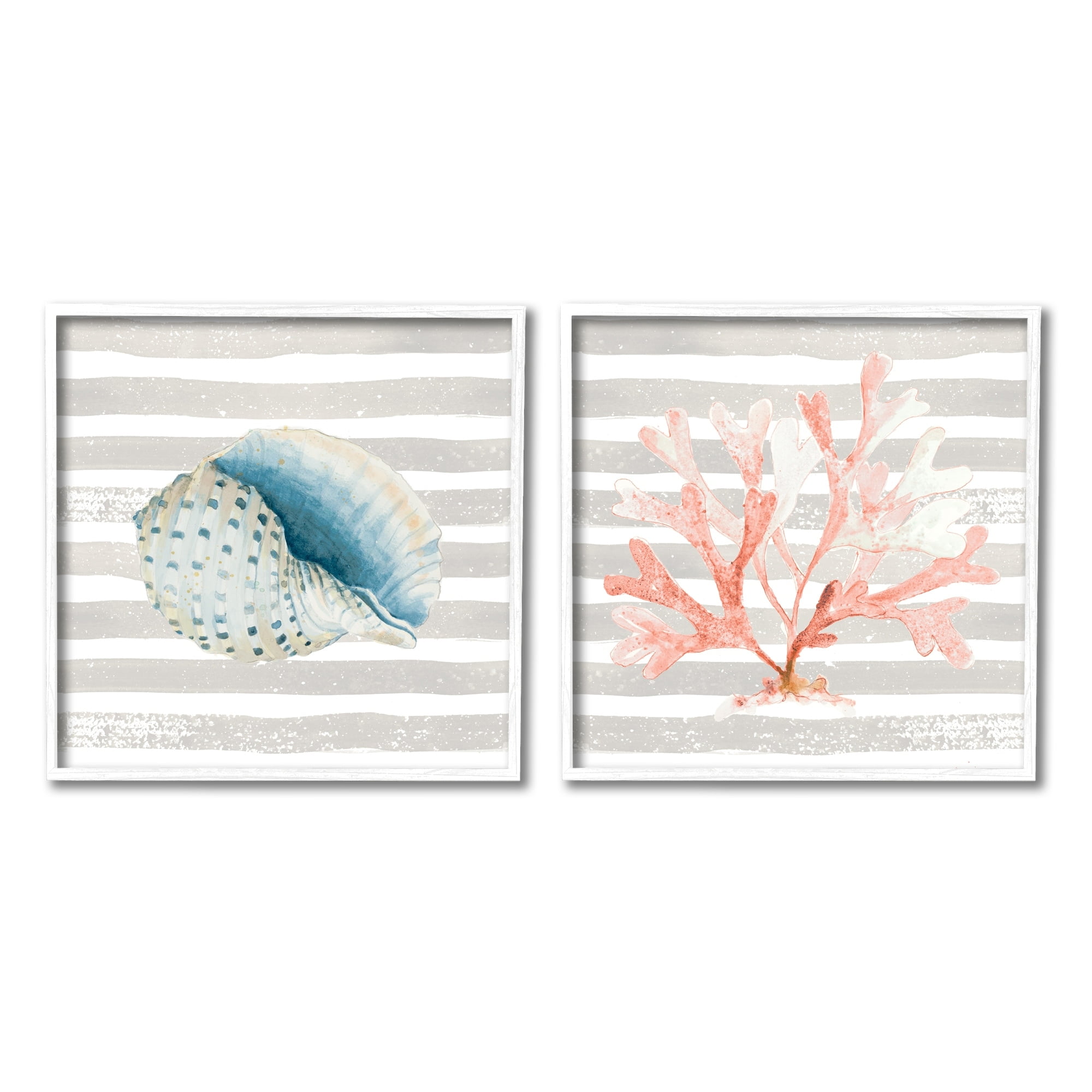 Stupell Indtries Nautical Curved Shell Pink Coral Distressed Beige Stripes,24 x 24,Design by Patricia Pinto