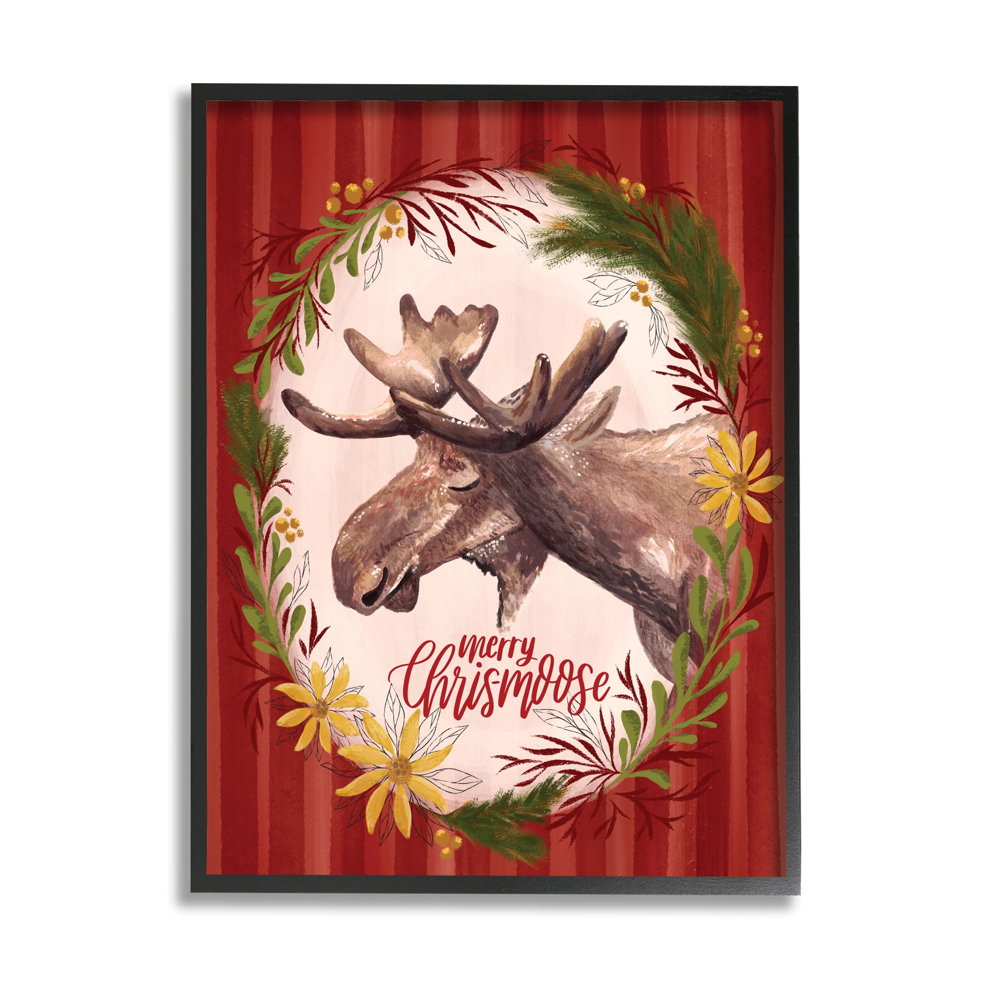 Stupell Industries Merry Chris-Moose Holiday Wreath Rustic Animal Pun Animals & Insects Painting Black Framed Art Print Wall Art, 11 x 14