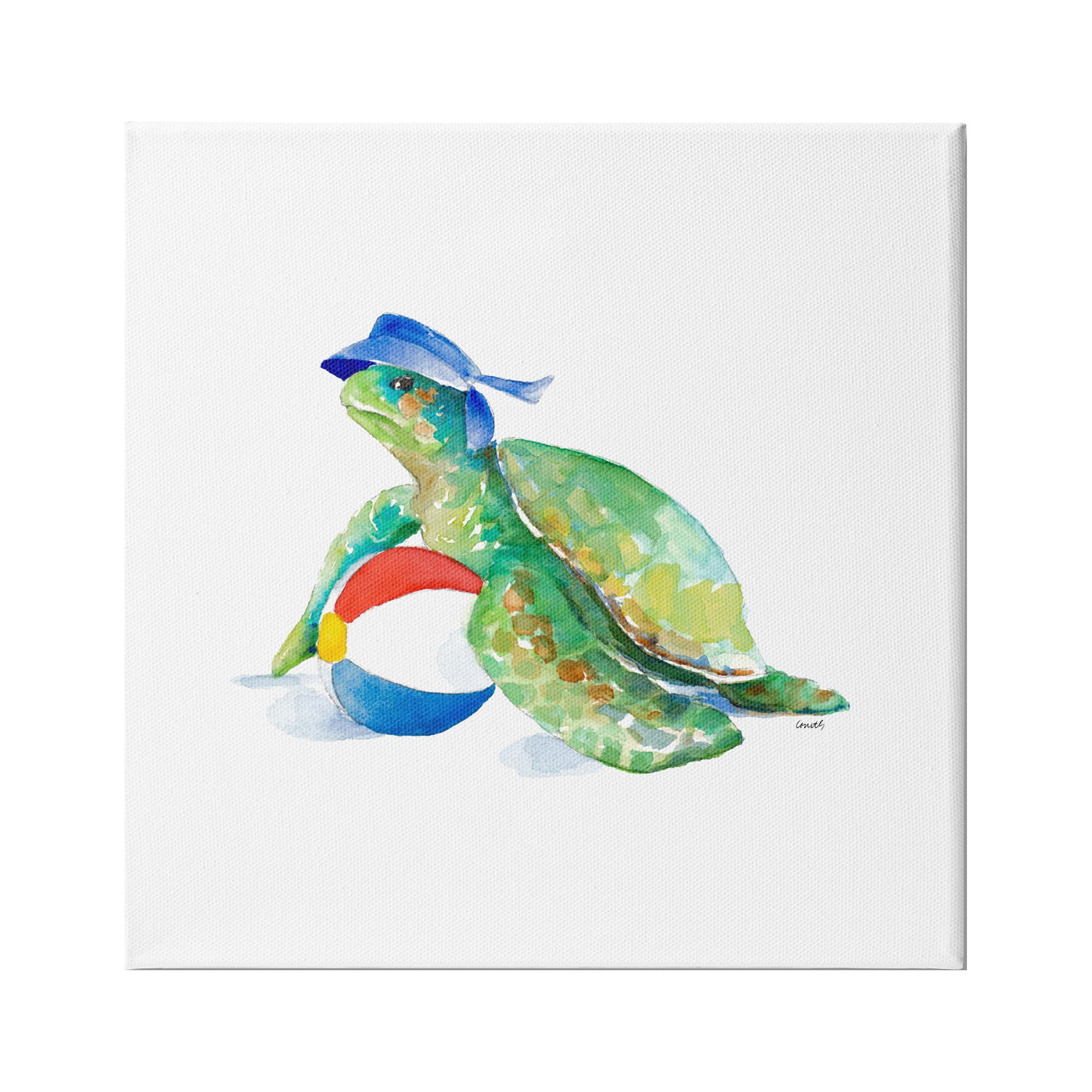 Playful Green Turtle with Beach Ball Canvas Wall Art, 17 x 17