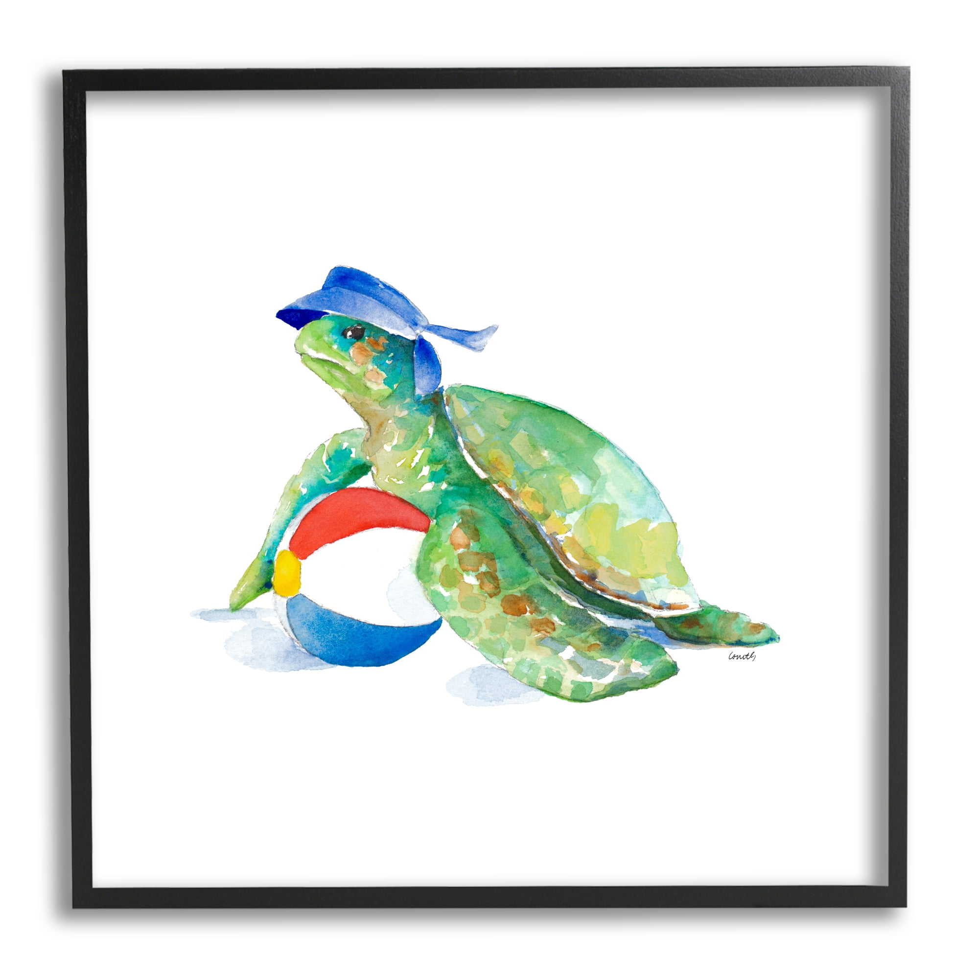 Playful Aquatic Turtle with Beach Ball Black Framed Wall Art, 17 x 17