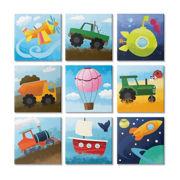 Stupell Indtries Playful Vibrant Construction Vehicles Blue Yellow Green,12 x 12,Design by Make Much Studios