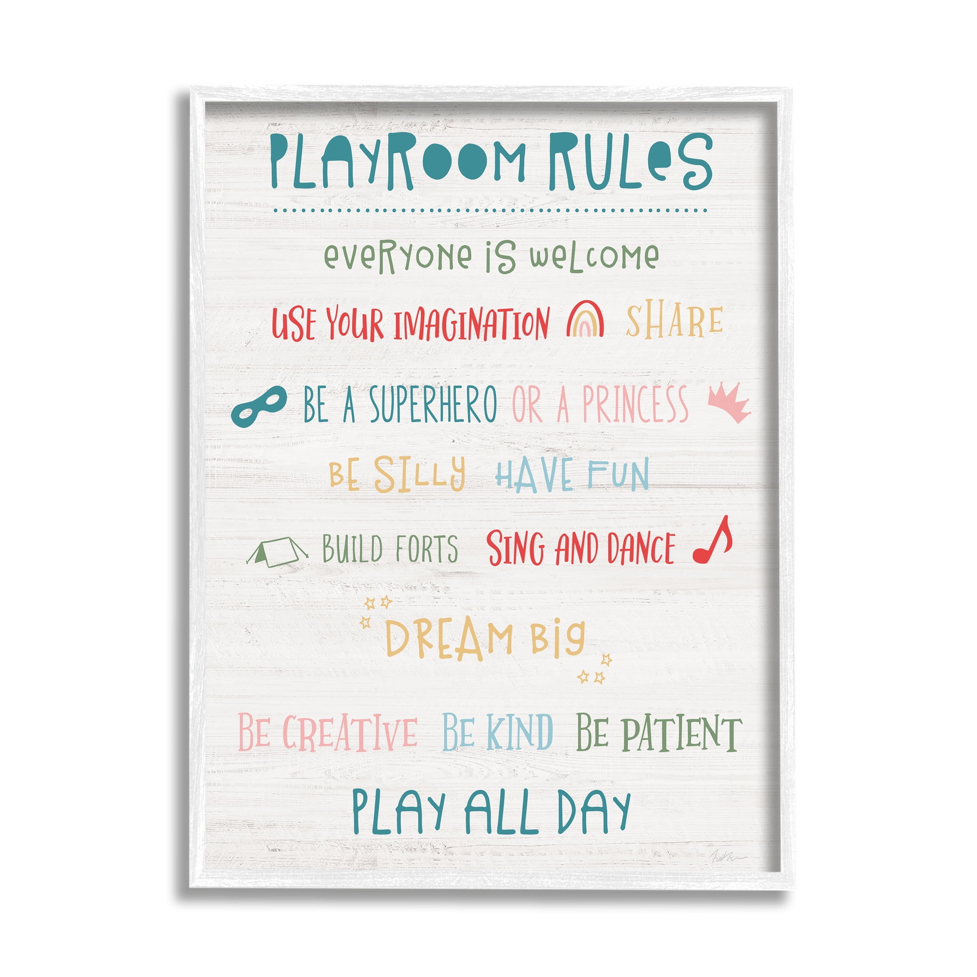 White Framed Playroom Rules Motivational Wall Art, 16 x 20