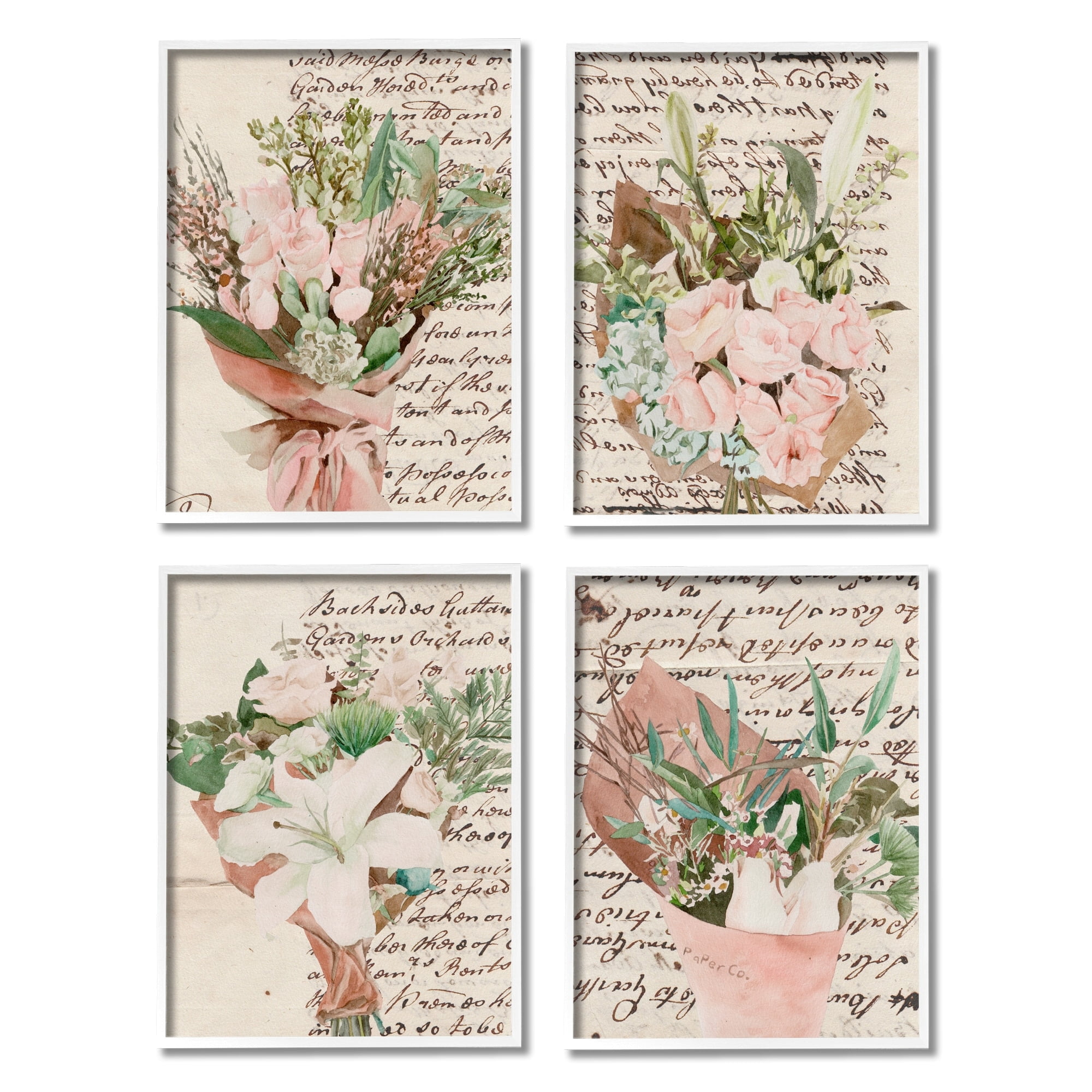 Stupell Indtries Quaint Pink Flowers Green Leaves Vintage Brown Script,11 x 14,Design by Melissa Wang