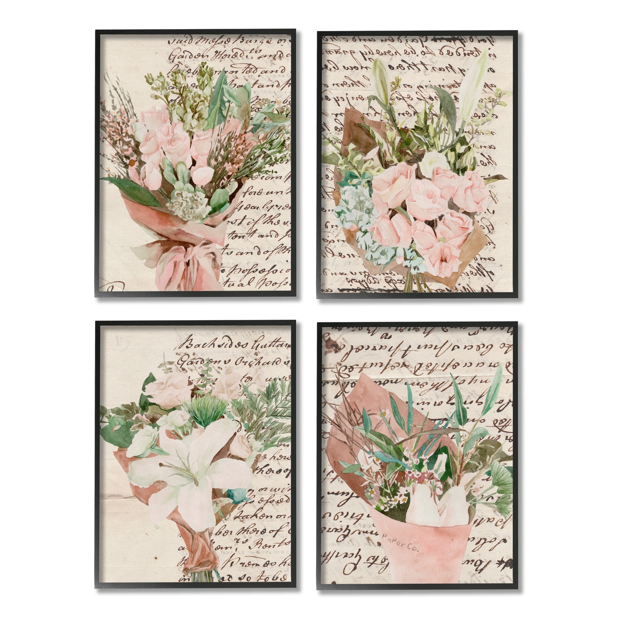 Stupell Indtries Quaint Pink Flowers Green Leaves Vintage Brown Script,16 x 20,Design by Melissa Wang