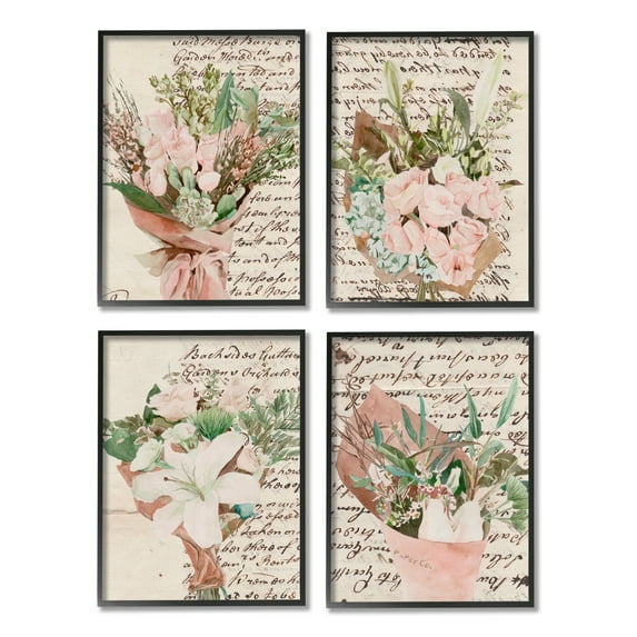 Stupell Indtries Quaint Pink Flowers Green Leaves Vintage Brown Script,16 x 20,Design by Melissa Wang