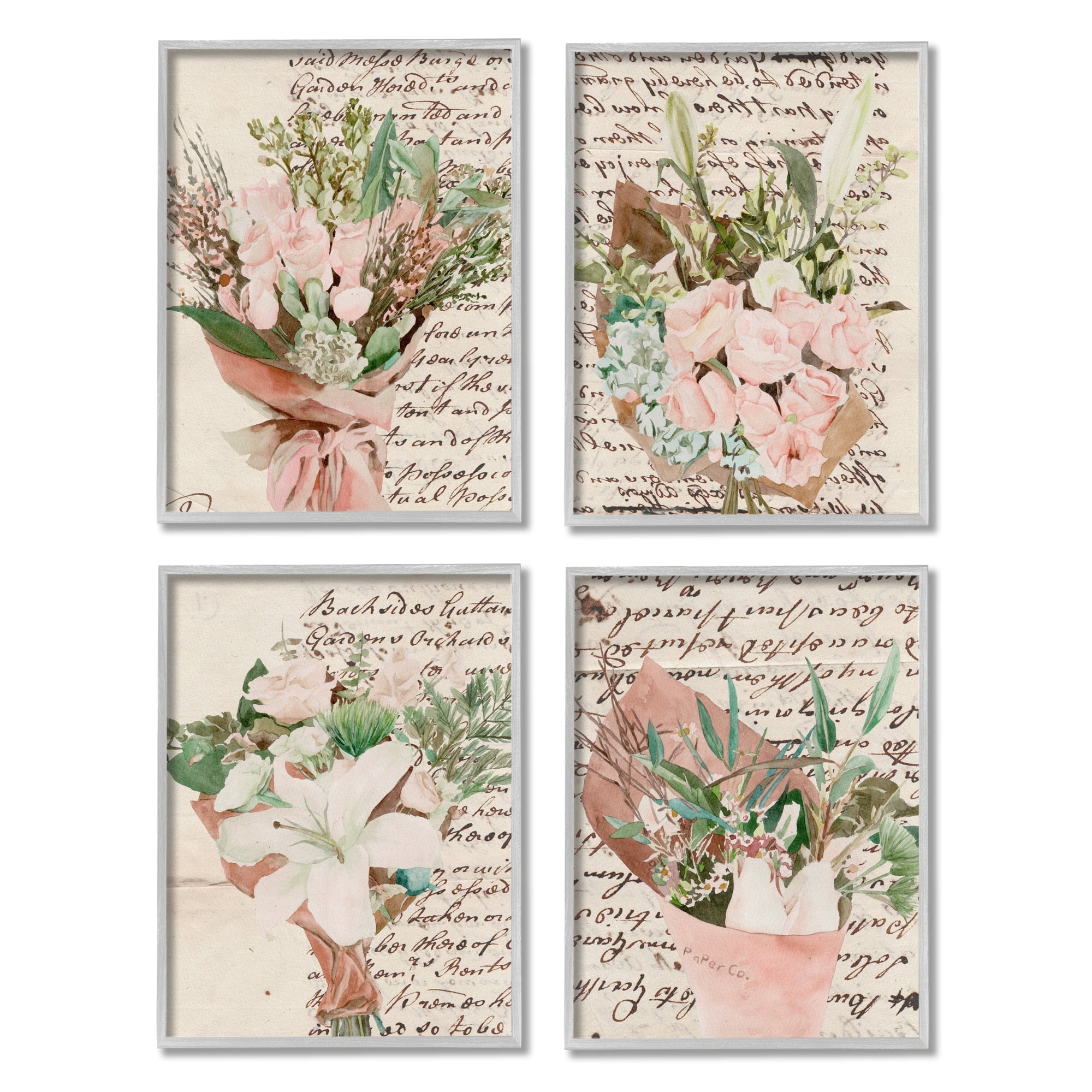 Stupell Indtries Quaint Pink Flowers Green Leaves Vintage Brown Script,16 x 20,Design by Melissa Wang