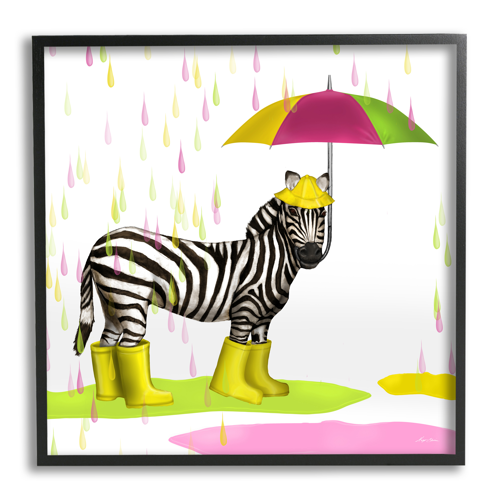Stupell Indtries Rainy Day Zebra Umbrella Pink Green Paint Rain,12 x 12,Design by Hugo Edwins
