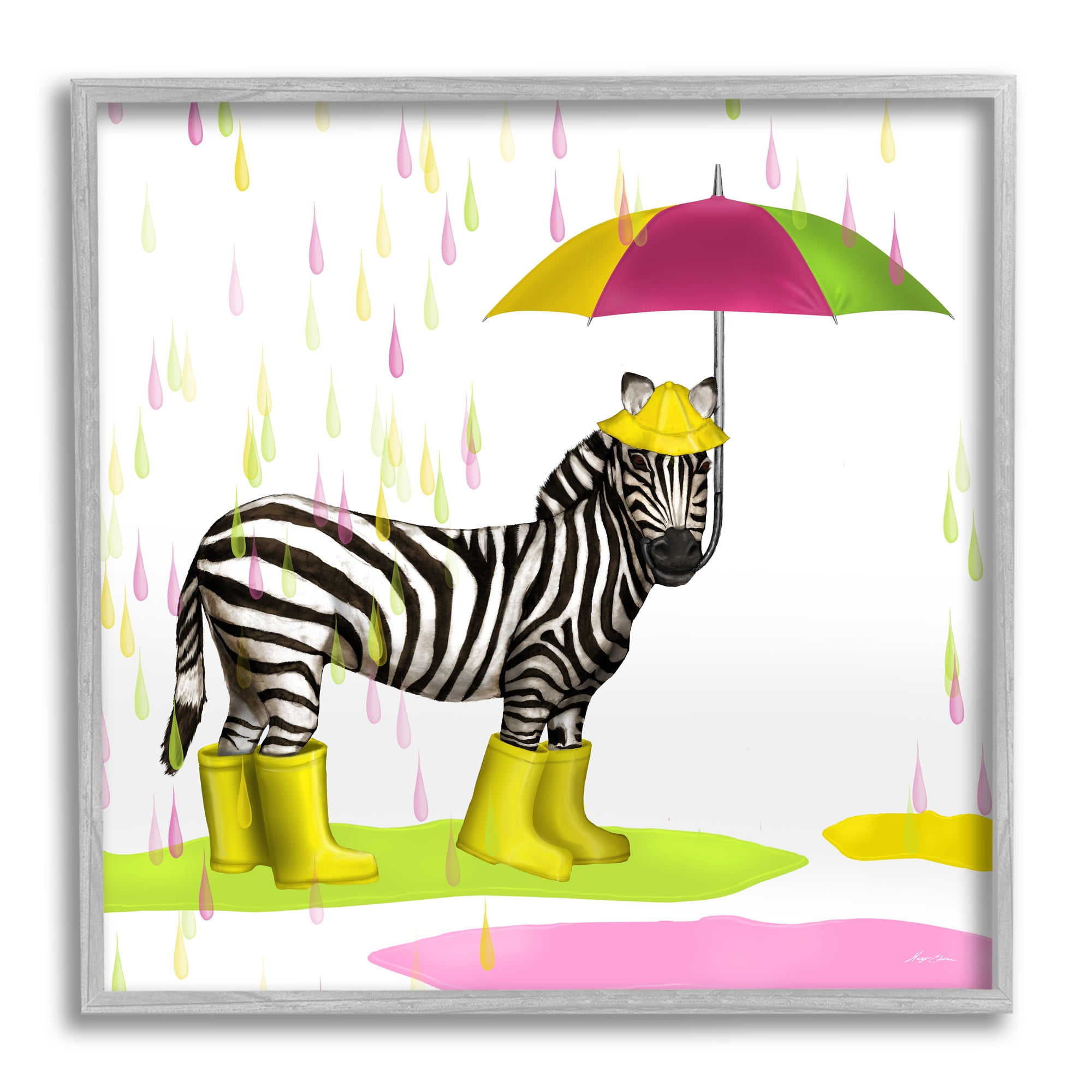 Stupell Indtries Rainy Day Zebra Umbrella Pink Green Paint Rain,24 x 24,Design by Hugo Edwins