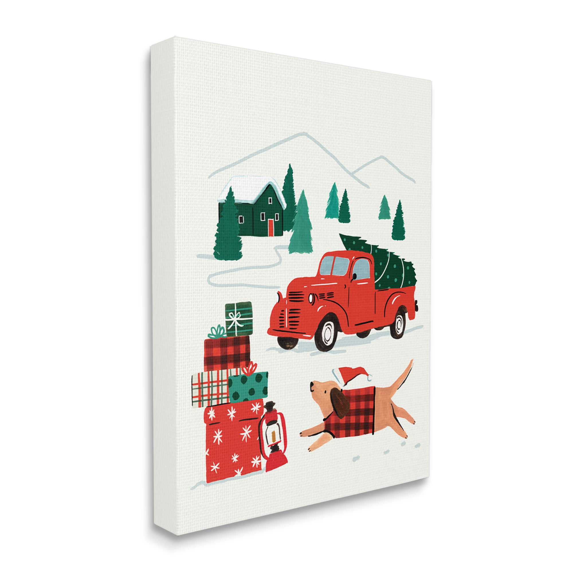 Stupell Industries Retro Christmas Cottage Landscape Festive Dog Hat Holiday Painting Gallery Wrapped Canvas Art Print Wall Art, 30 x 40