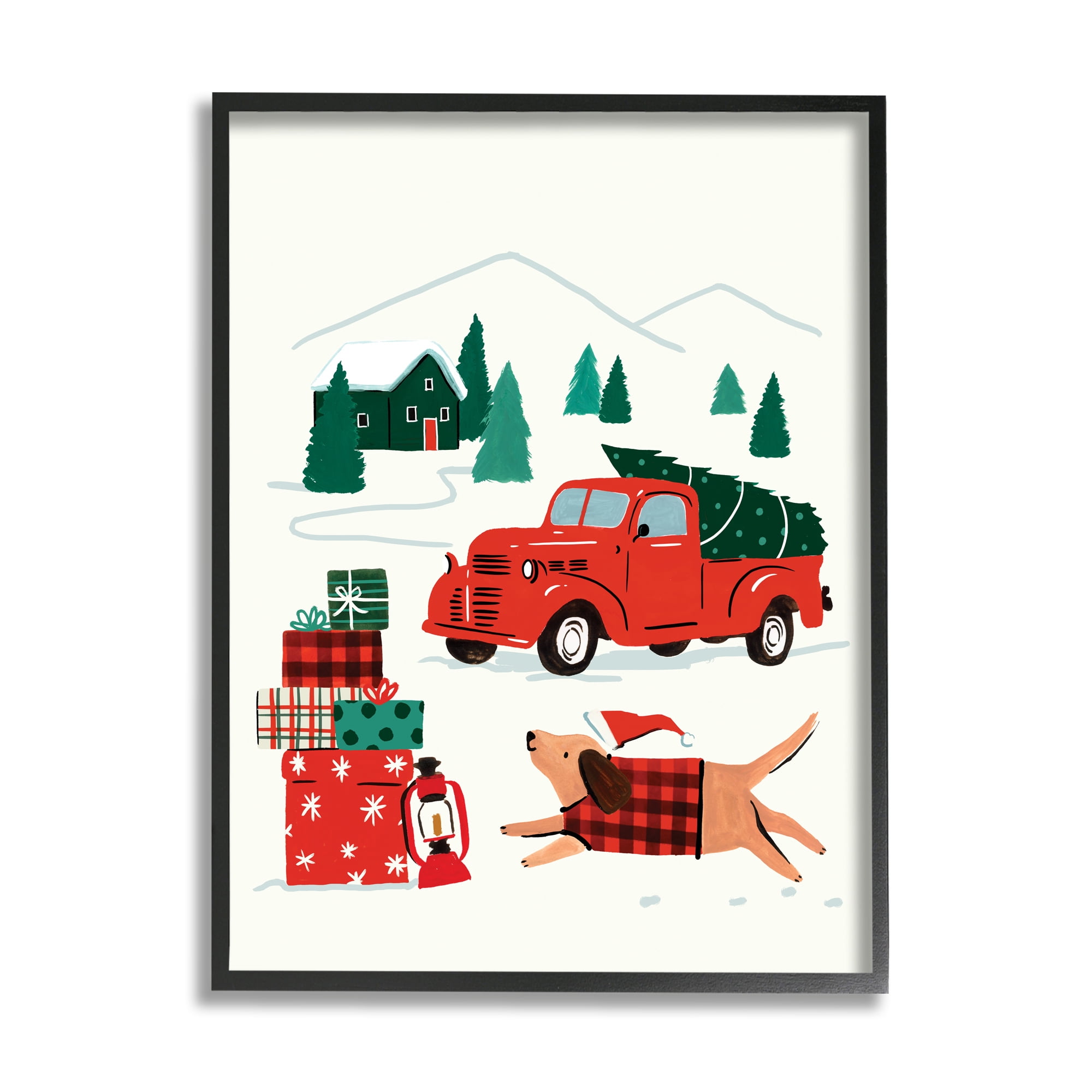 White and Red Retro Cottage Landscape Dog Hat Framed Wall Art Decor 30" x 24"