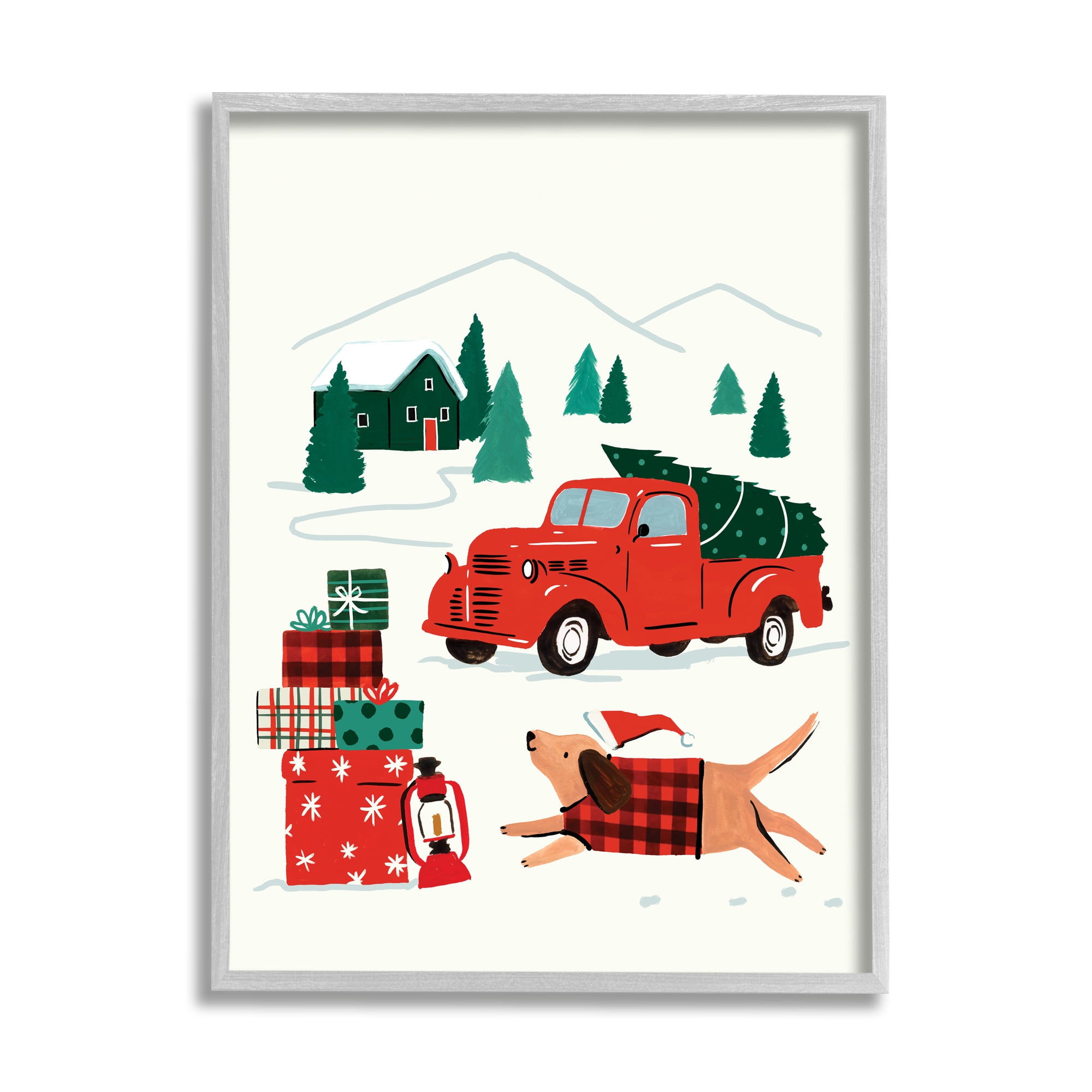 Stupell Industries Retro Christmas Cottage Landscape Festive Dog Hat Holiday Painting Gray Framed Art Print Wall Art, 11 x 14