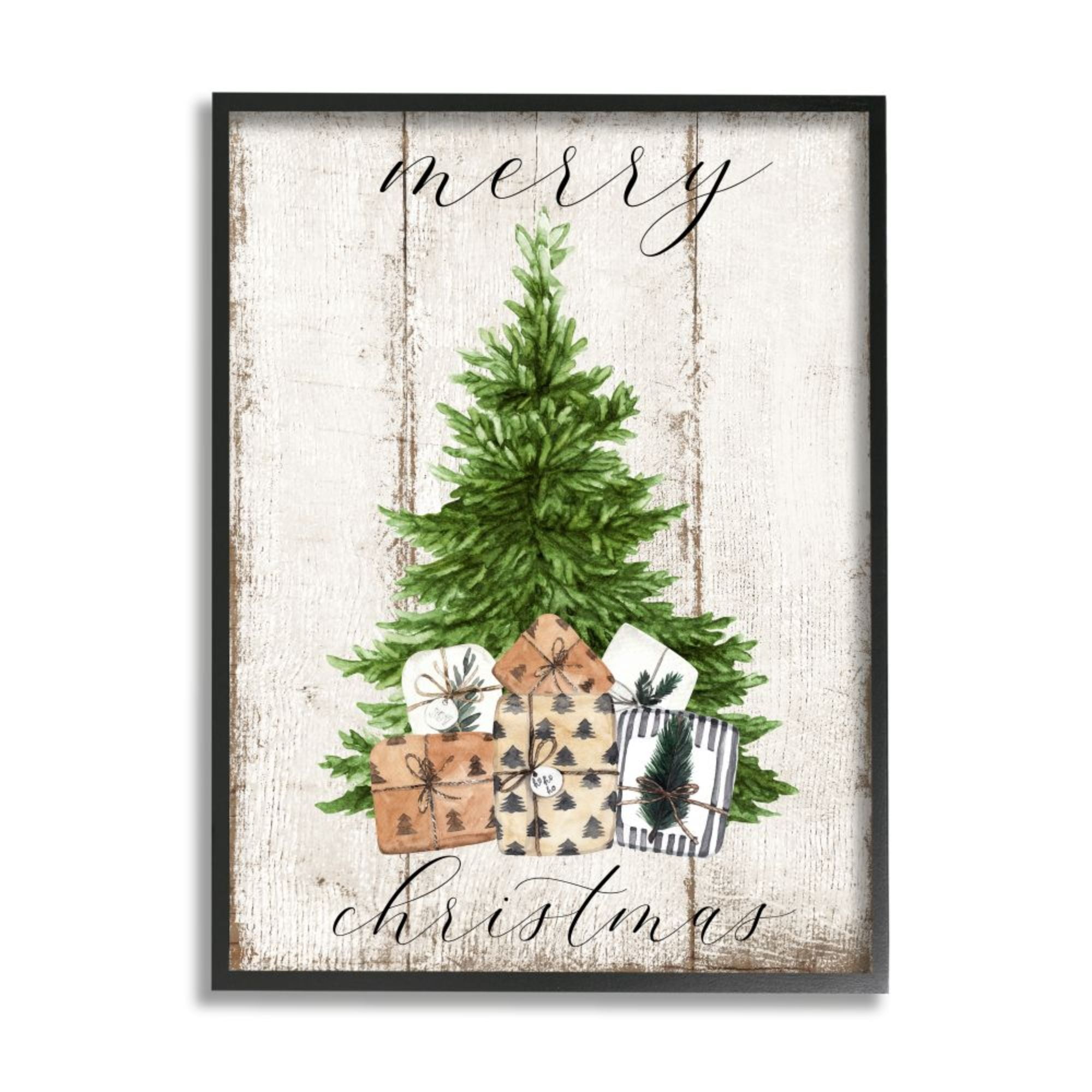 Stupell Indtries Rtic Distressed Merry Christmas Tree Illtration Design by Deborah Brown, 11" x 14", Black Framed