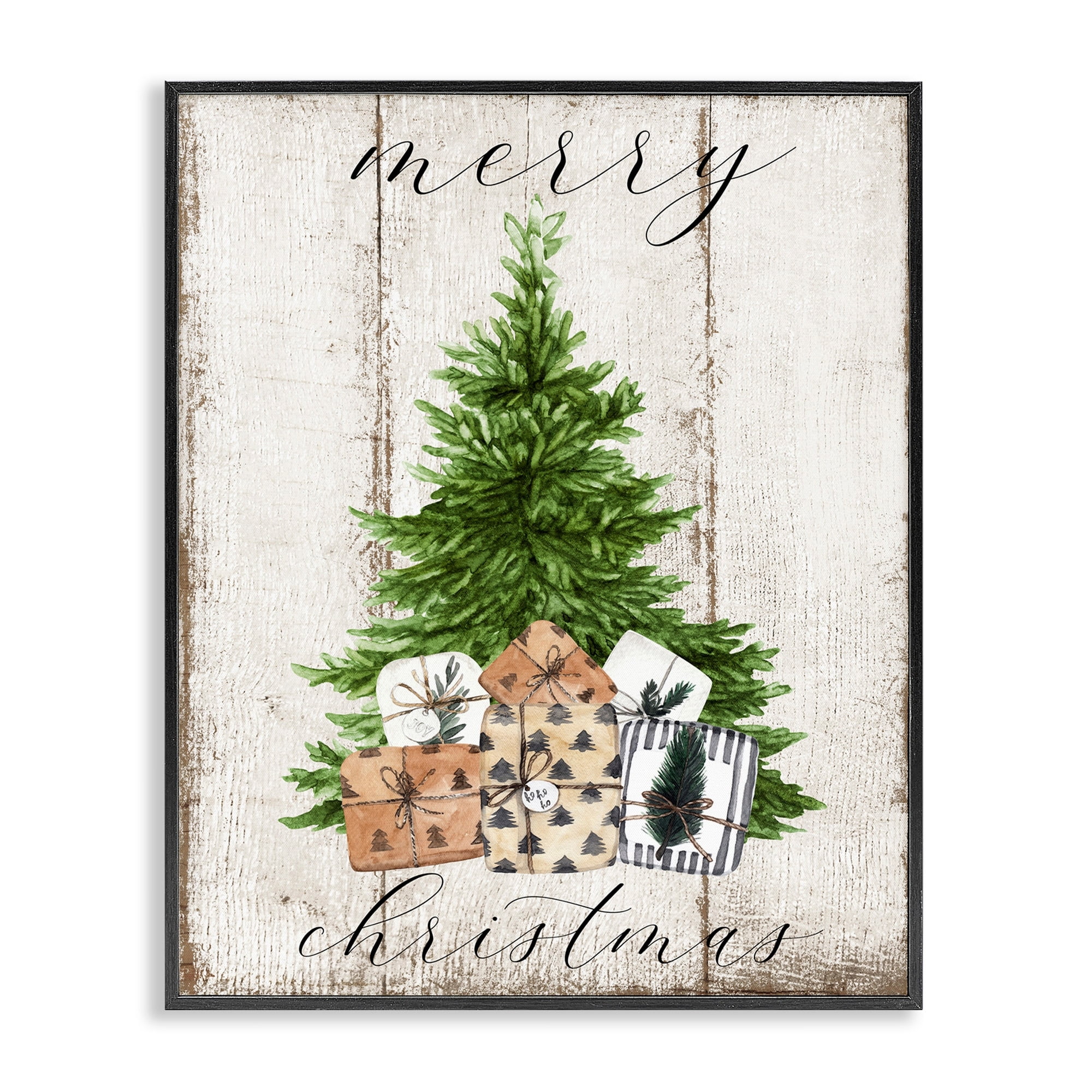 Stupell Indtries Rtic Distressed Merry Christmas Tree Illtration Design by Deborah Brown, 16" x 20", Black Framed