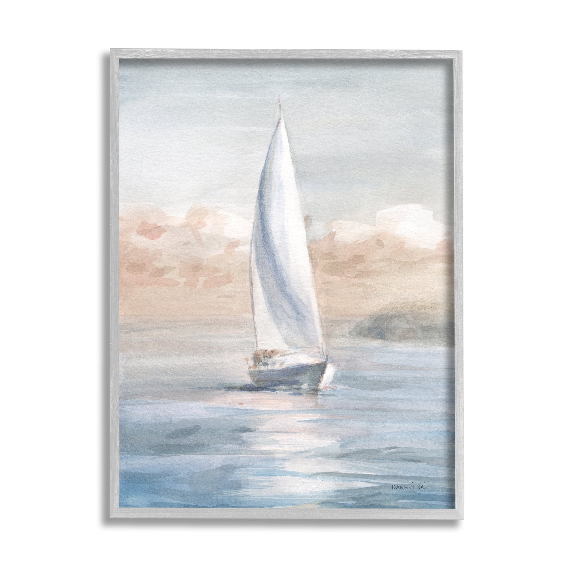 Stupell Indtries Sailboat Under Cloudy Morning Sunrise Soft Contemporary Ocean,16 x 20,Design by Danhui Nai