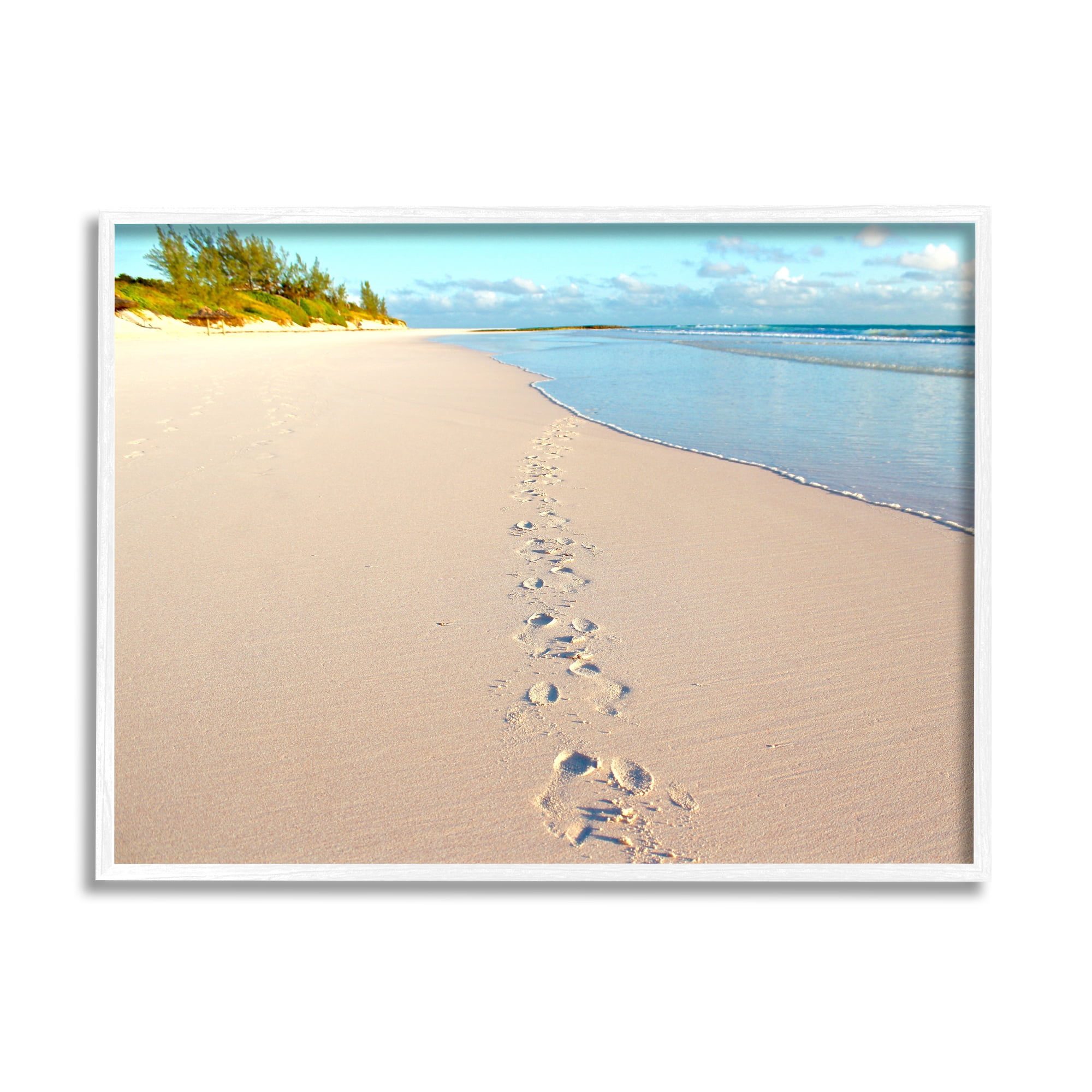 Stupell Indtries Sandy Footprints Across Beach Coastline Cloudy Nautical Horizon,14 x 11,Design by Jairo Rodriguez